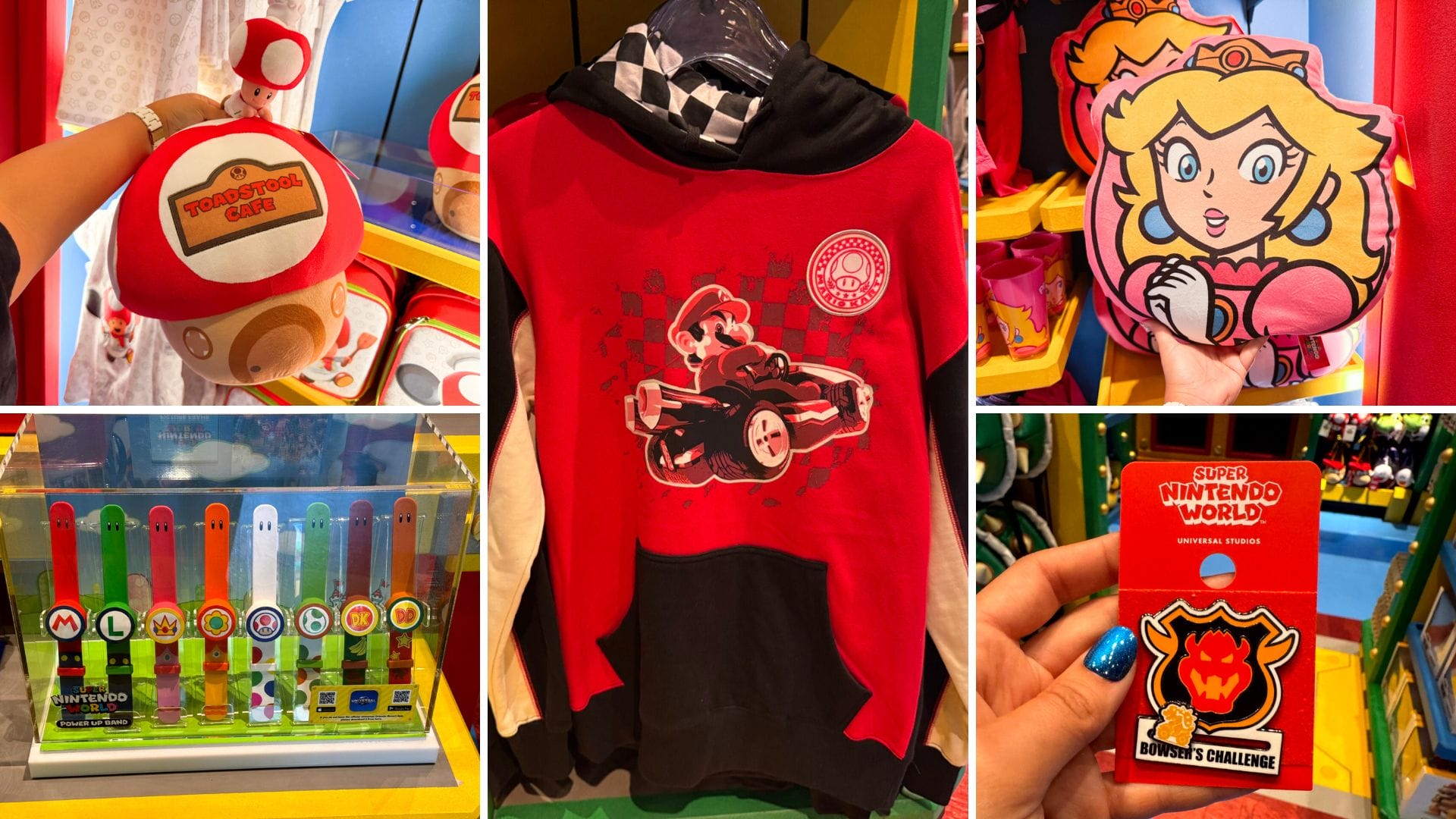 Collage of 1-UP Factory merch from Super Nintendo World—plush toys, hoodie, wristbands, and pin—not Disney park castle items.