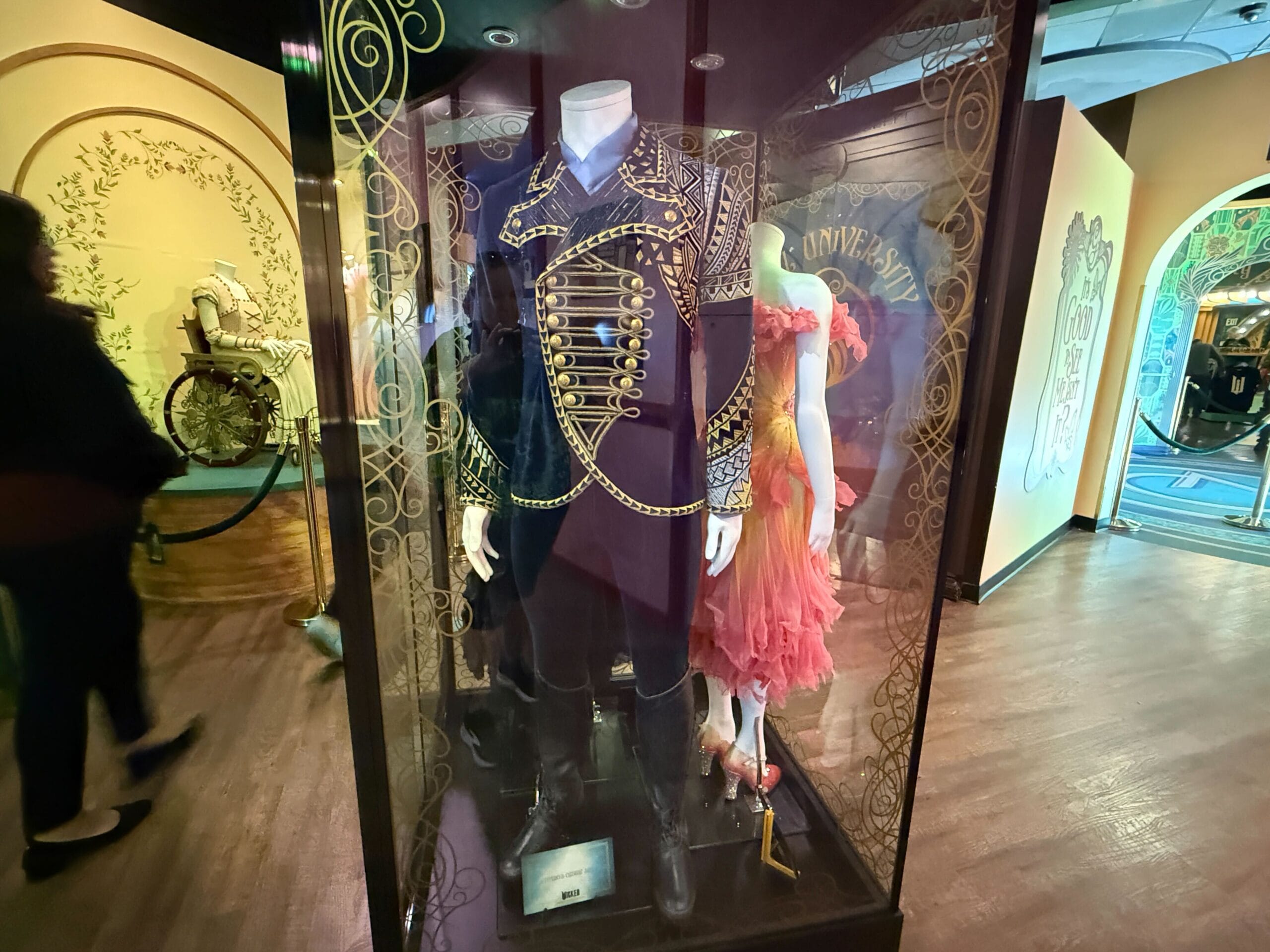 Dark military-style outfit and pink frilly dress in a glass case at a Disneyland exhibit, with guests strolling nearby.