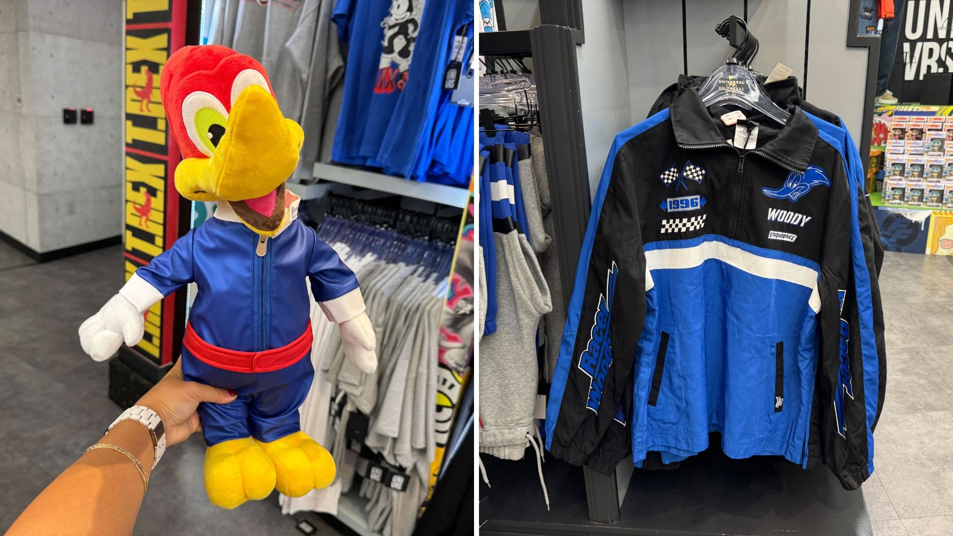 Left: A Woody Woodpecker plush in a blue suit. Right: A racing jacket hangs at Universal Orlando Resort.