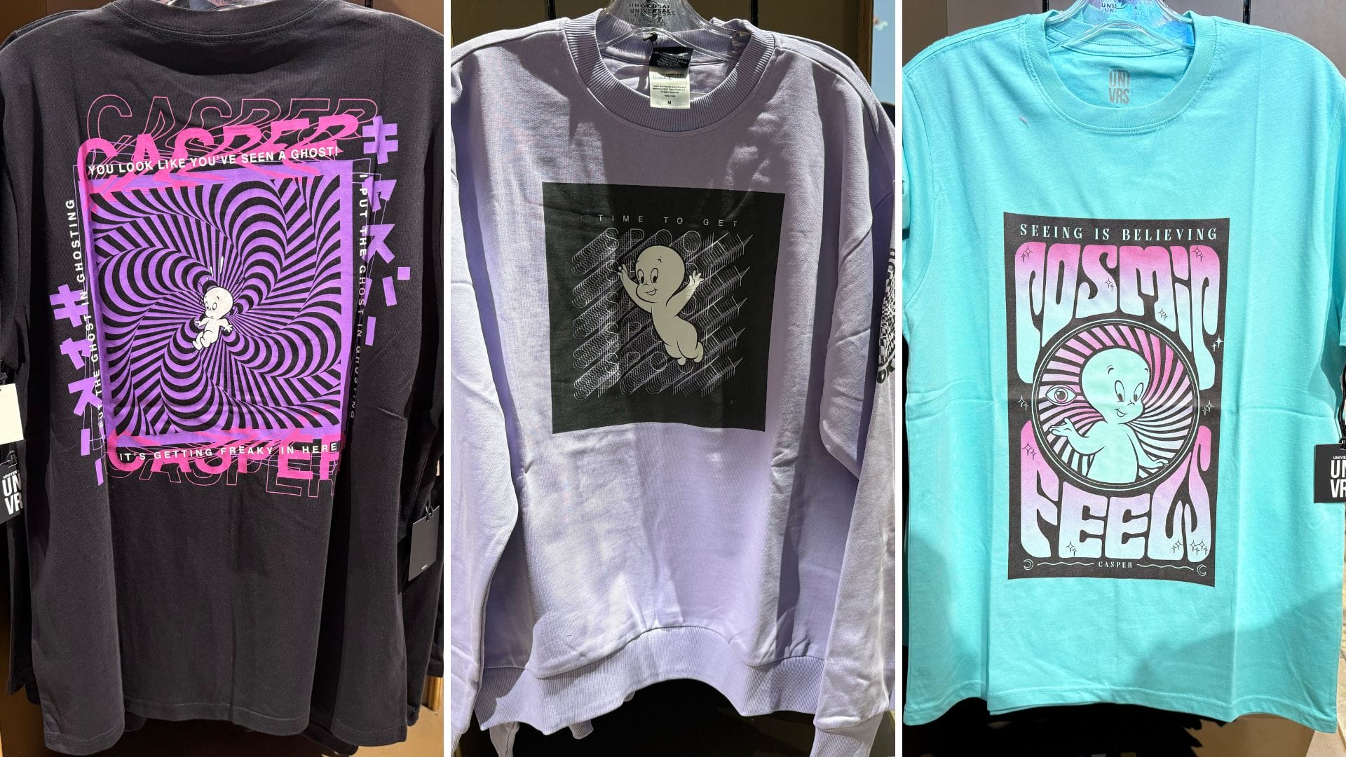 Three Casper sweatshirts in black, lavender, and teal from Universal Studios—not Disney—each with distinct designs, no castle shown.