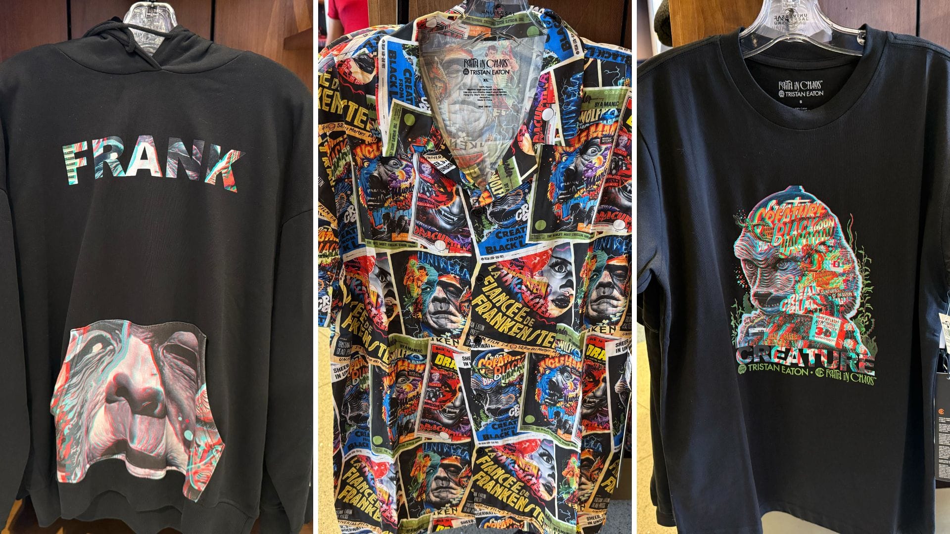 Three Faith in Chaos Universal Monsters shirts: a Frankenstein's Monster hoodie, button-front shirt with posters, and a Creature from the Black Lagoon T-shirt.