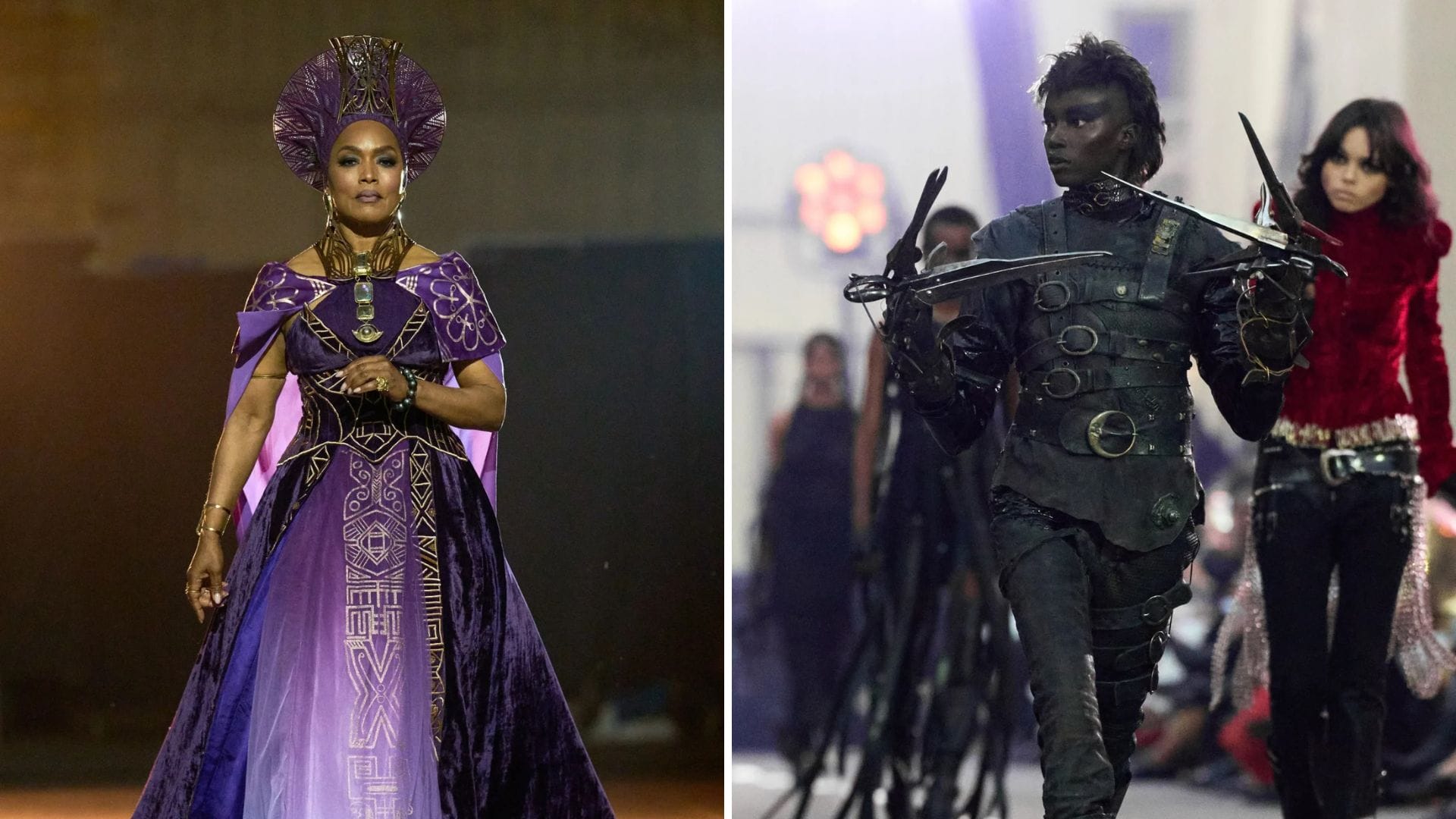 Left: Woman in a vibrant purple gown, fit for a royal Disney parade. Right: Duo in black armor with swords, Disney villain flair.