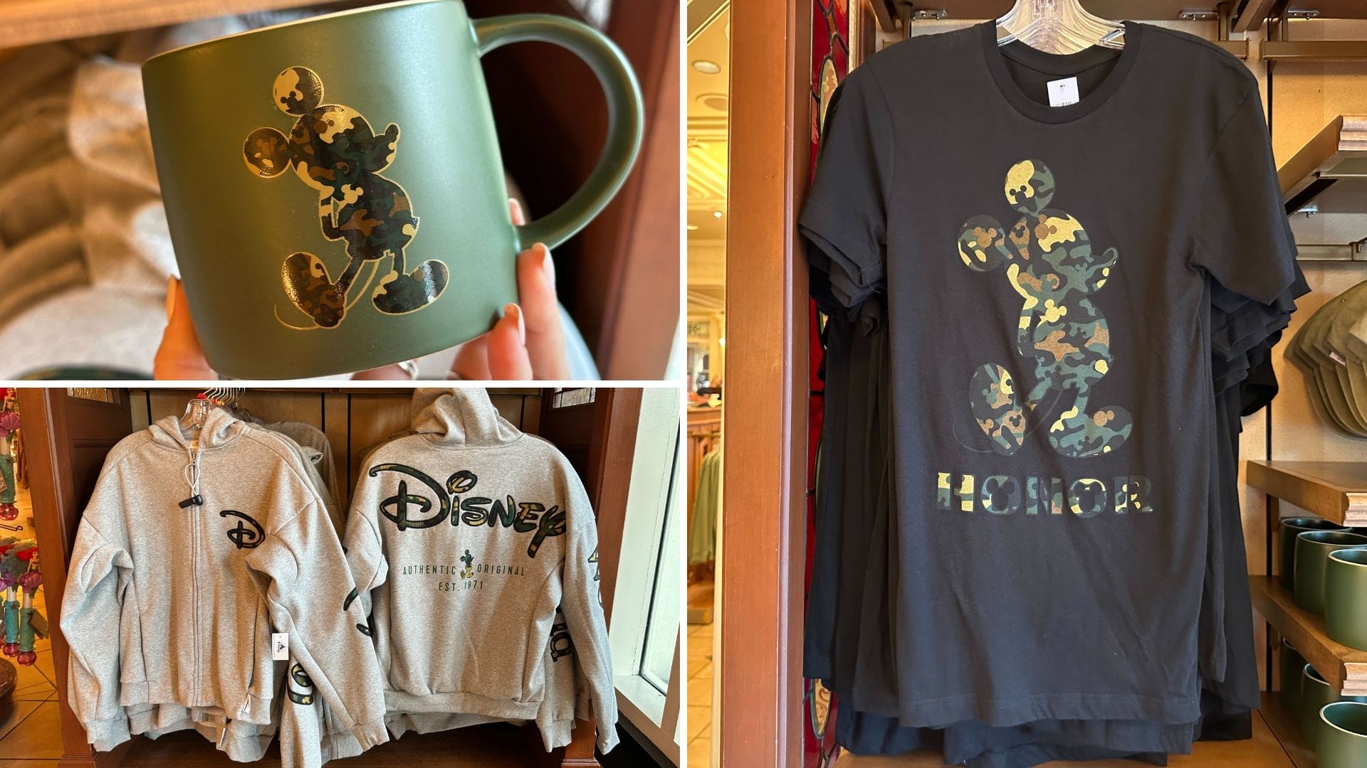 Daily Recap: Store display with green mug, gray hoodies, and black tee—all sporting a camouflage Mickey at a Disney Park.