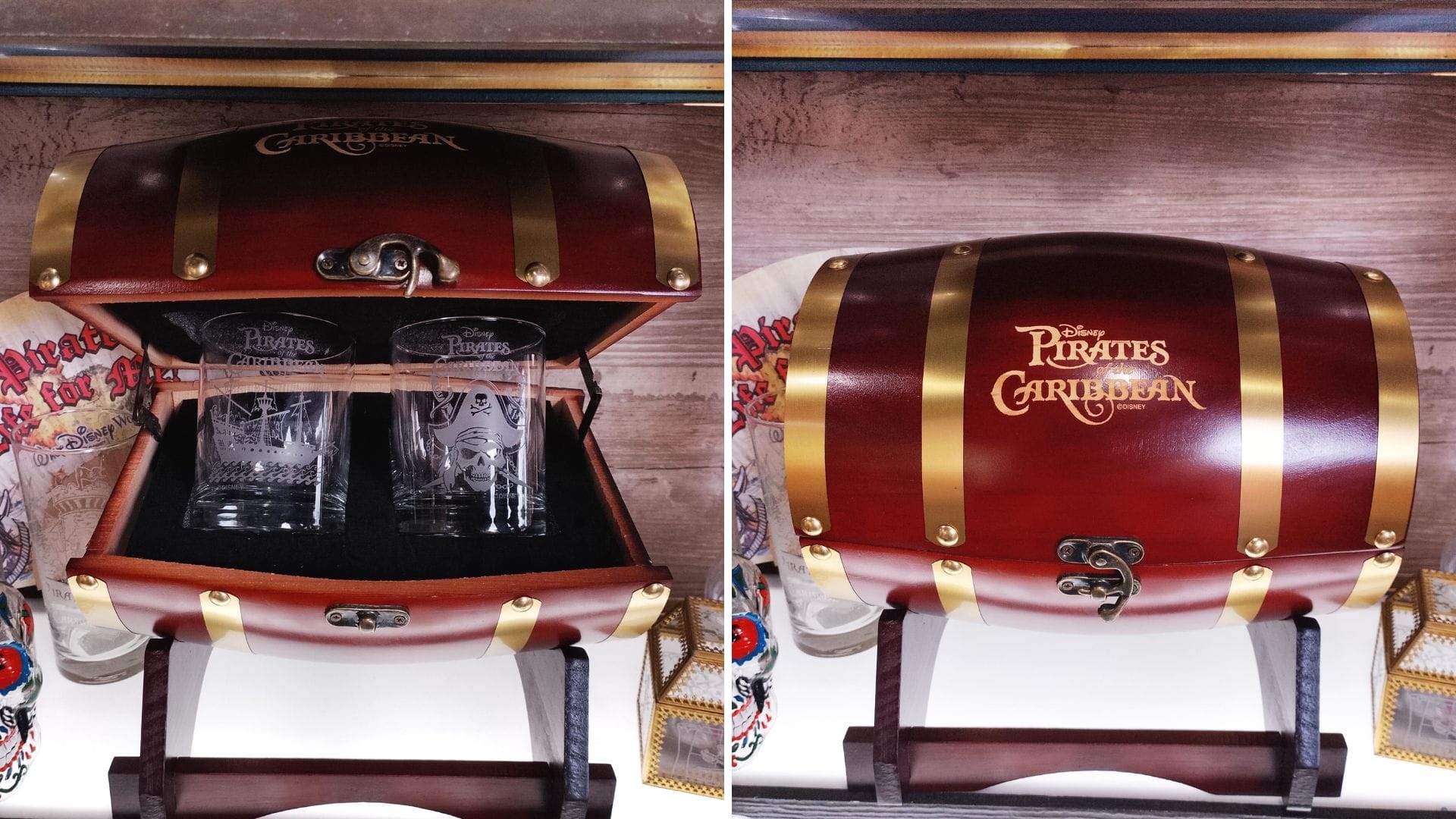 A wooden Pirates of the Caribbean chest with gold trim holds two etched glasses featuring a pirate ship and skull and crossbones.