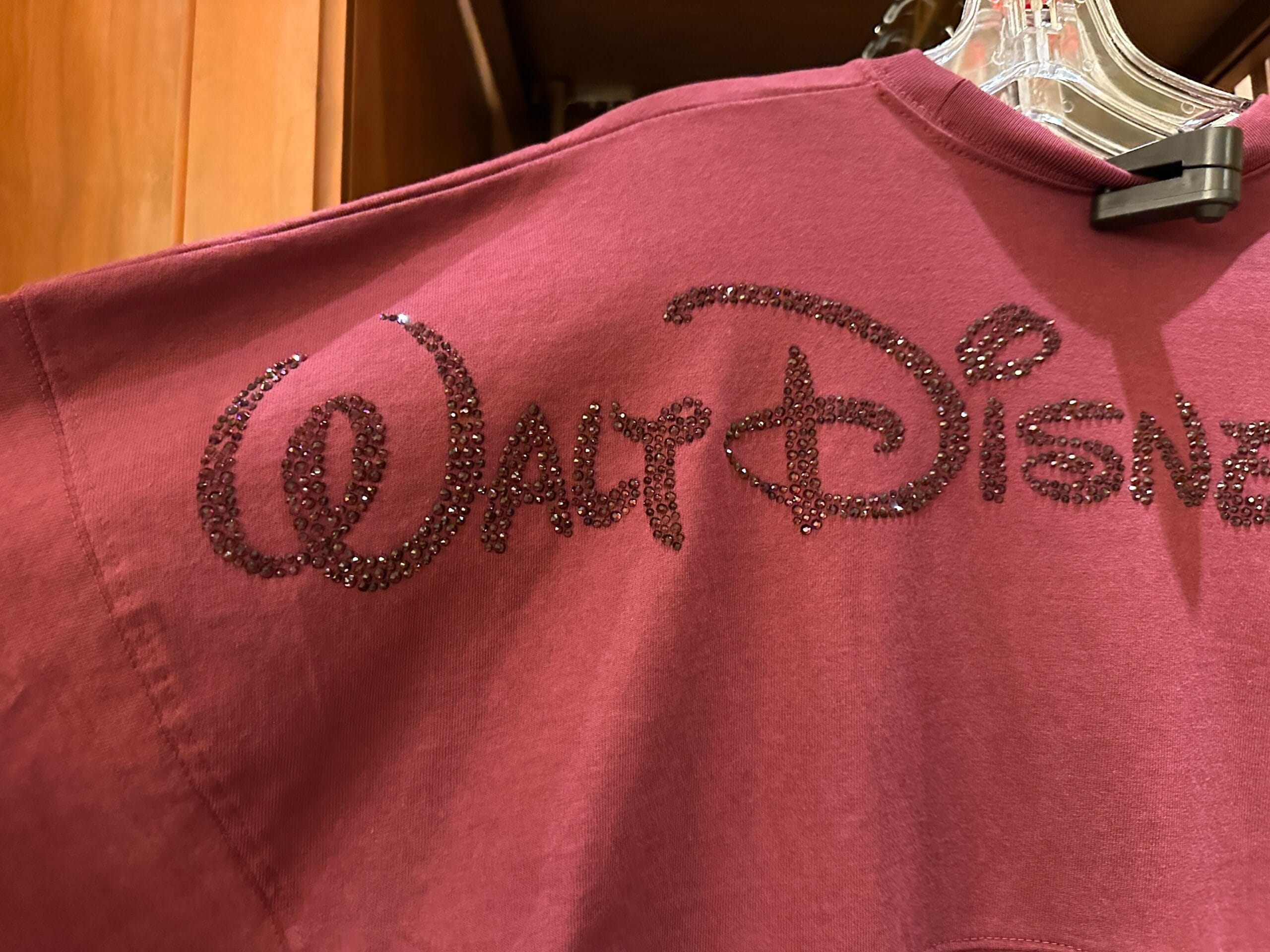 Close-up of a maroon sweatshirt featuring "Walt Disney" in sparkly, decorative lettering, reminiscent of park souvenir apparel.