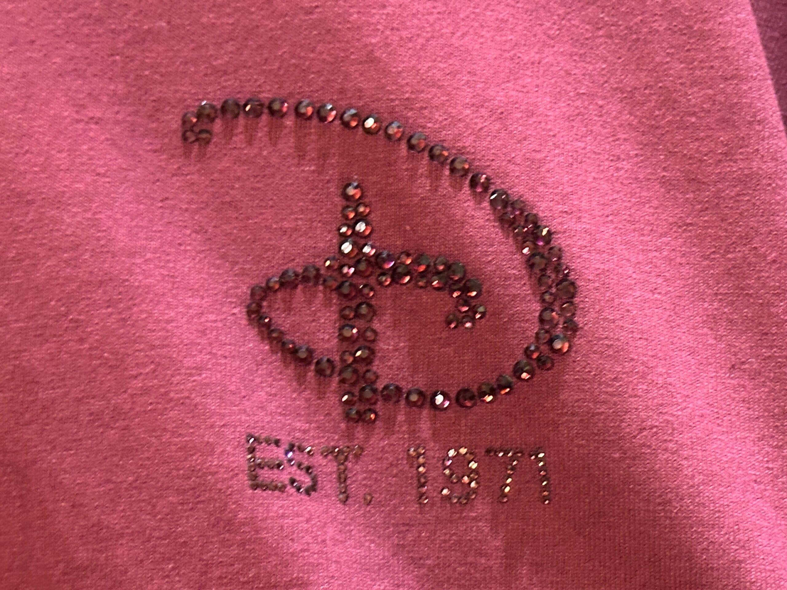 Pink fabric features rhinestones in a Disney-style “D” and “EST. 1971”—the year Walt Disney World’s Cinderella Castle debuted.