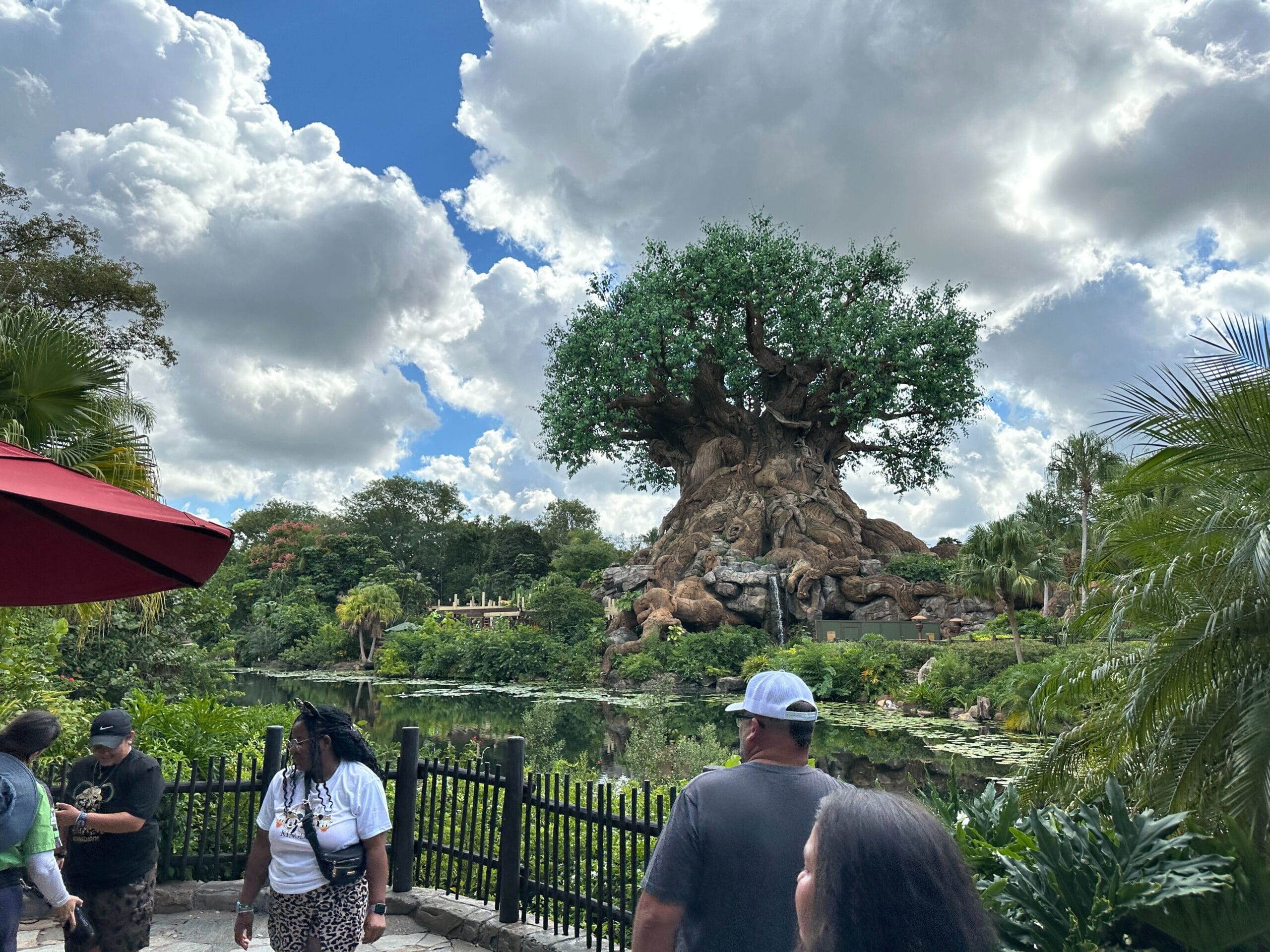 Guests stroll by Animal Kingdom’s Tree of Life on a partly cloudy day, a park icon unique among Disney parks compared to classic castles.