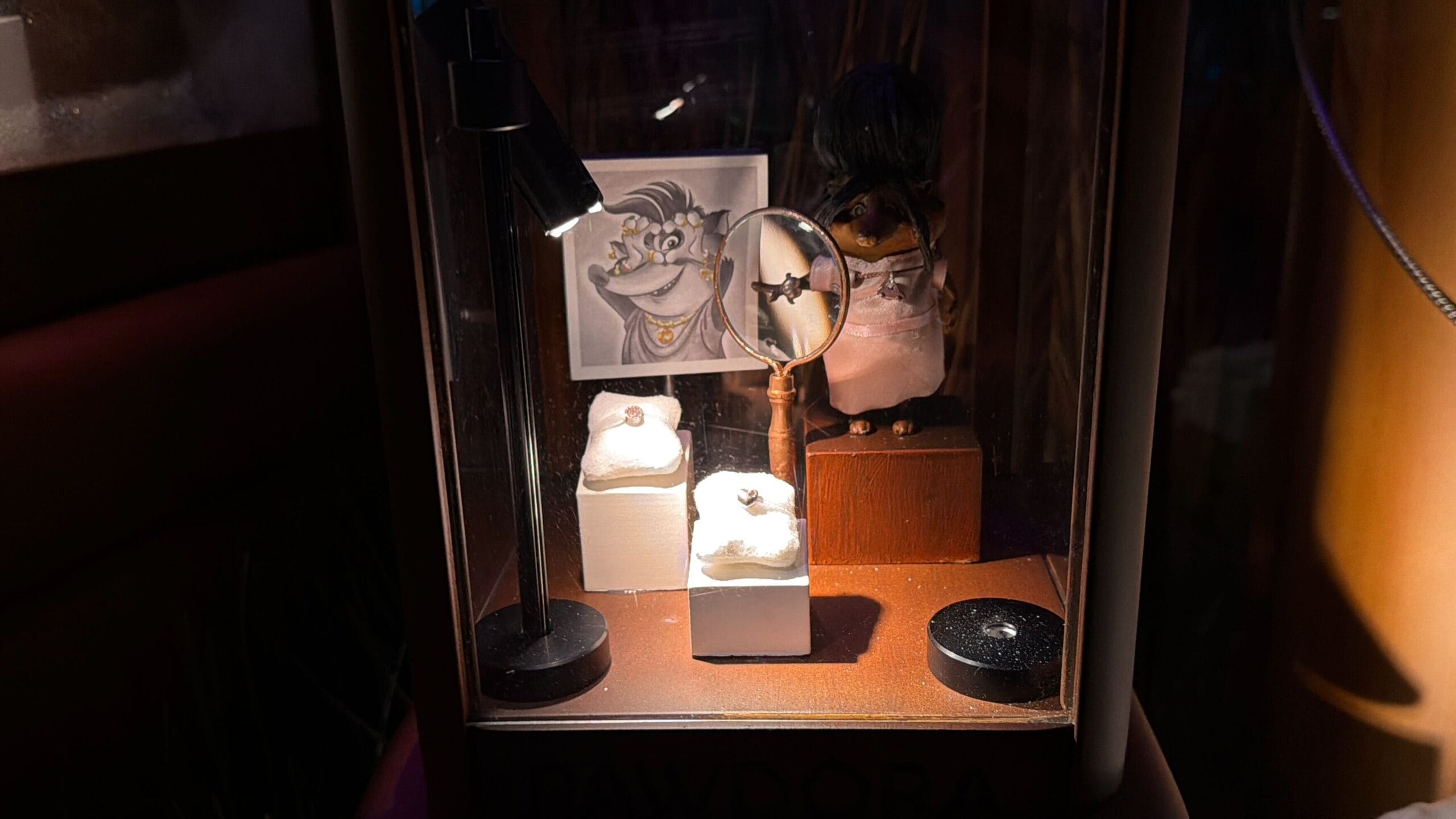 A display case of jewelry and a magnifying glass, with Disney character art in jewelry behind—evoking a park’s themed boutique.