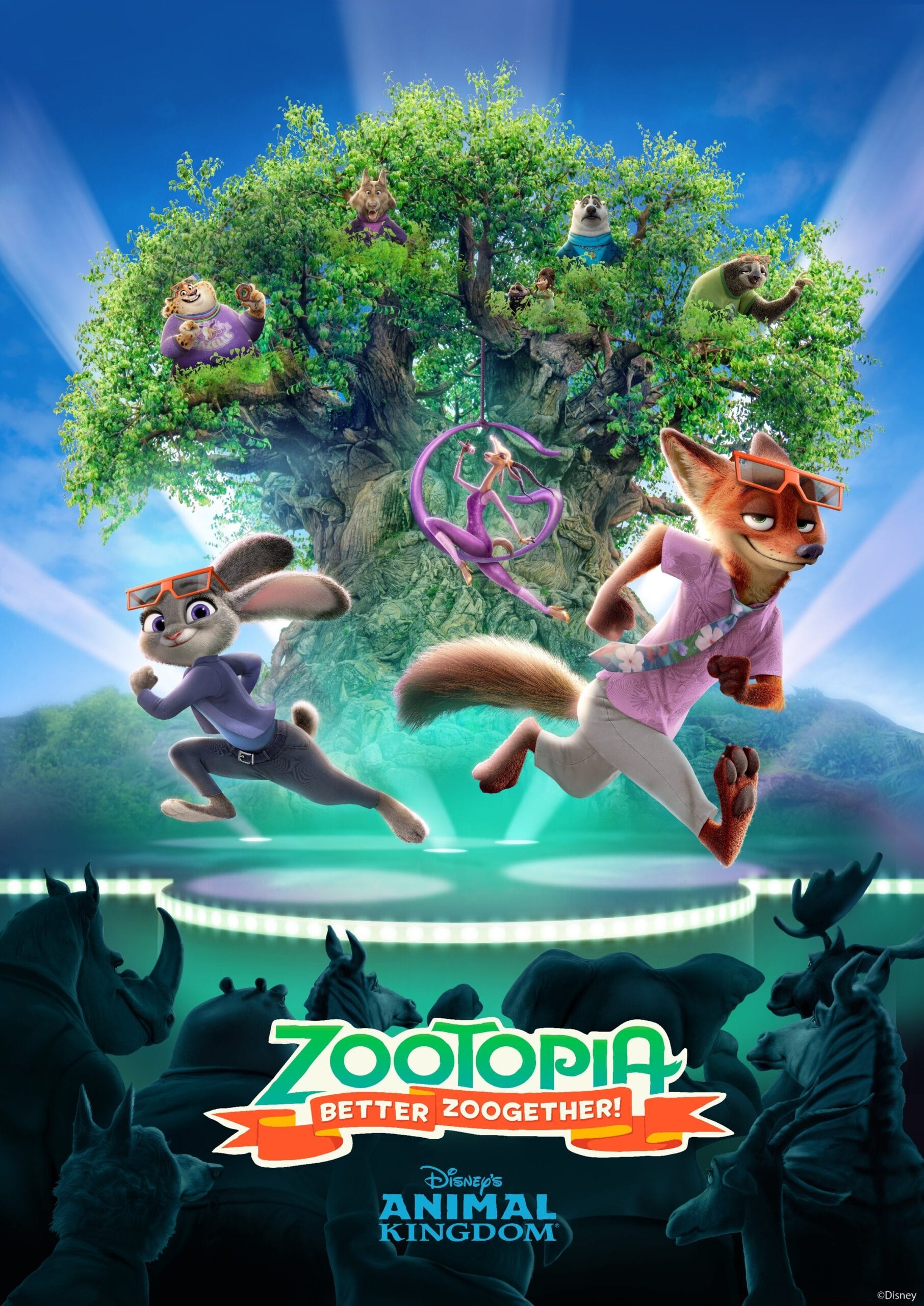 Judy Hopps and Nick Wilde dash past the Tree of Life at Animal Kingdom, joined by other Zootopia characters, no castle present.