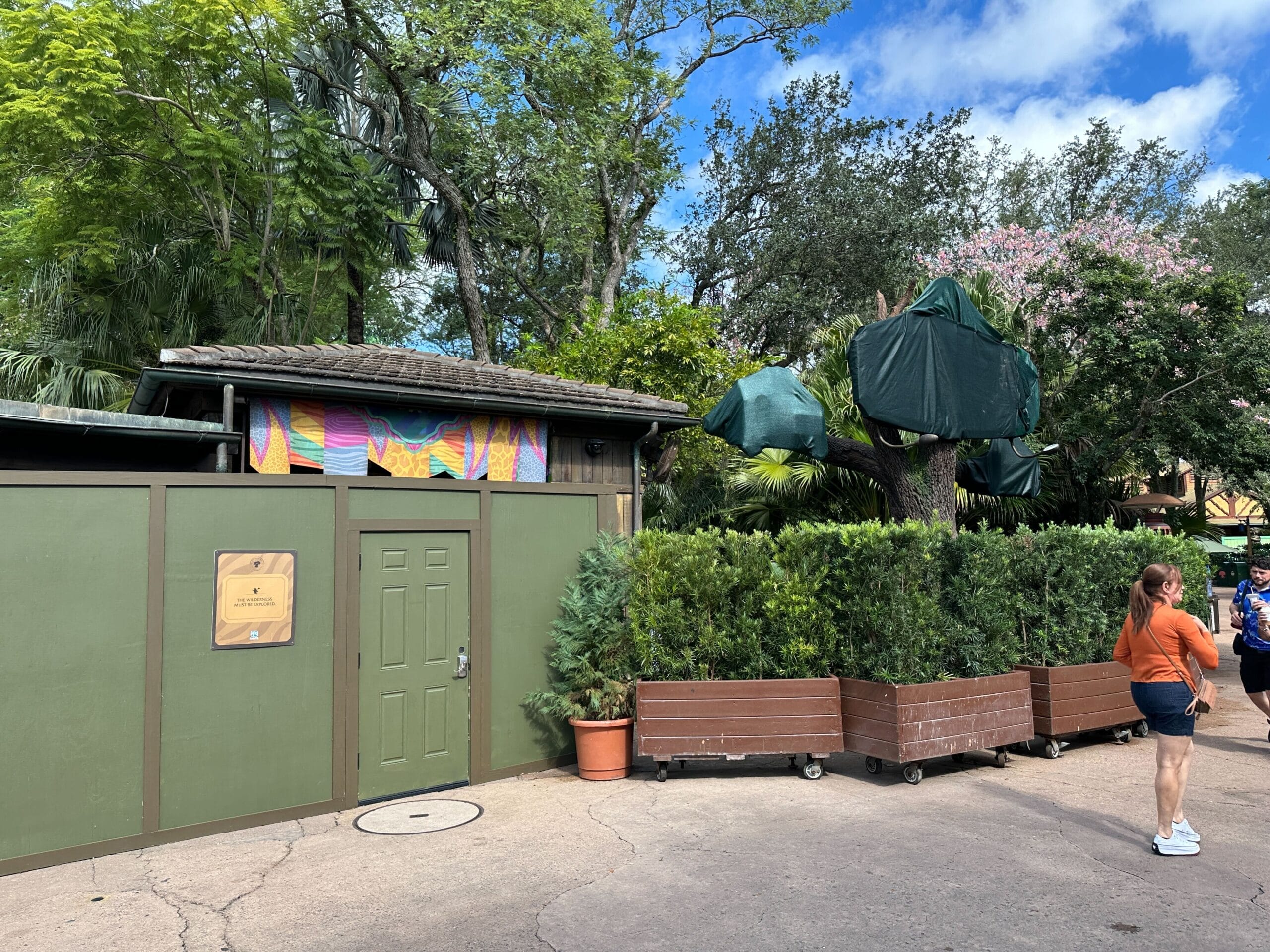 Green construction walls and planters block off trees near a vibrant building, similar to Epcot’s colorful aesthetic, under blue skies.