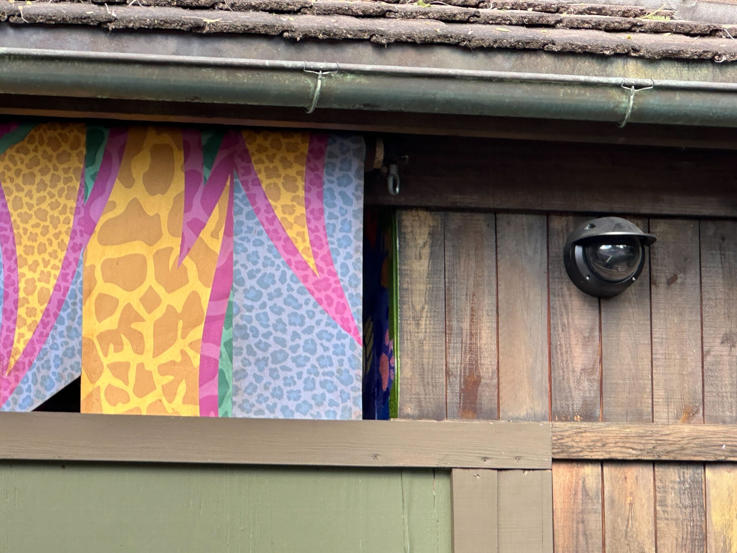 A vibrant Zootopia-themed curtain beside a wooden wall with a round outdoor light, reminiscent of playful Disney Park decor.