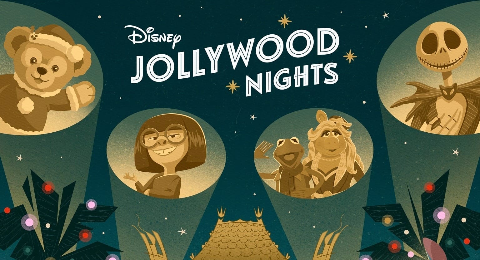 Disney characters gather beneath "Jollywood Nights 2025" with festive lights, spotlights, and no castle in the night sky backdrop.