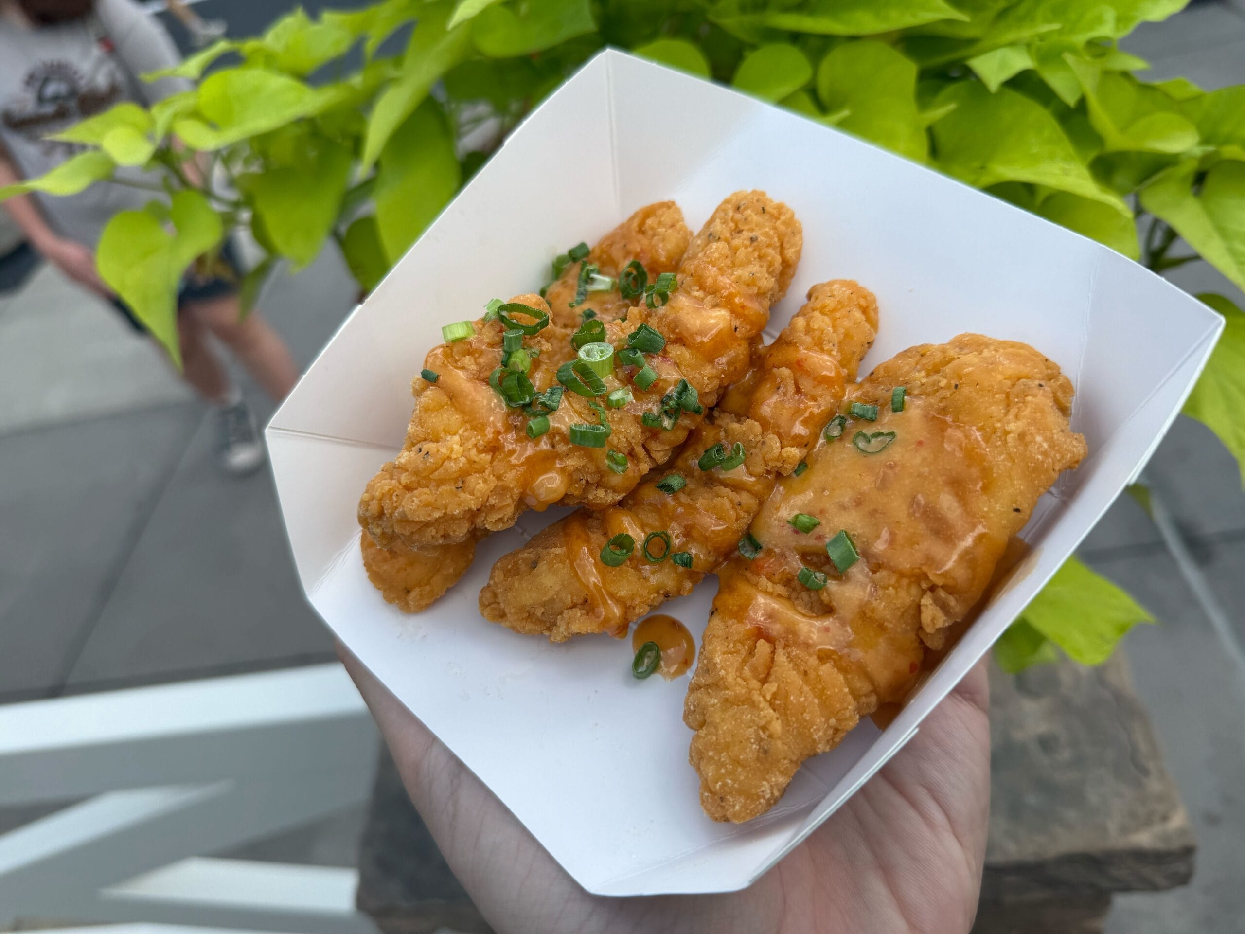 Crispy chicken strips with green onions in a white tray, enjoyed outdoors near lush greenery—perfect for a Disney park snack break.