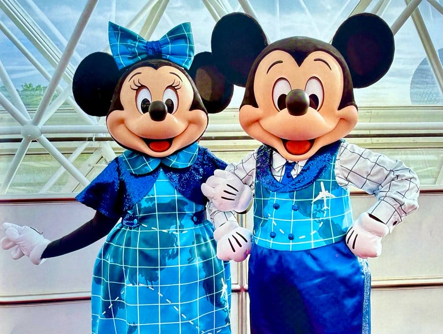Minnie and Mickey Mouse wearing matching blue plaid outfits at a Disney Vacation Club Character Meet and Greet, smiling indoors.
