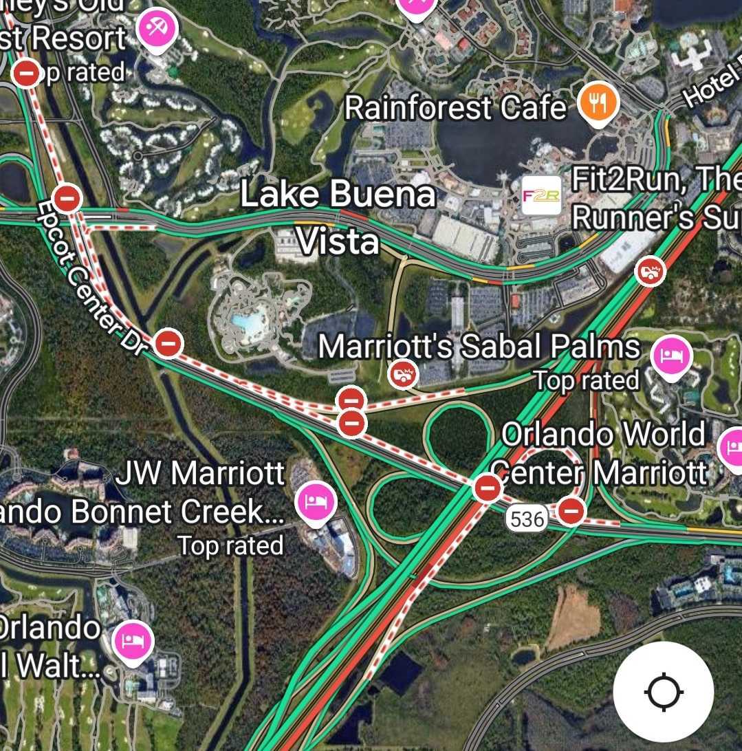 A map view of Lake Buena Vista, highlighting EPCOT Center Drive, highways, hotels, attractions, and traffic indicators.