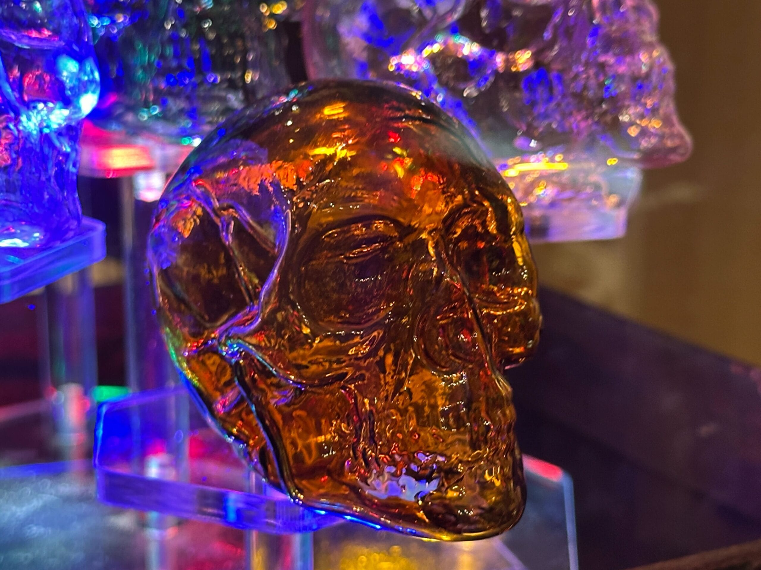 Amber glass skull on a clear stand, with other vibrant glass skulls behind—feels like a display you might see in Disney's Adventureland.