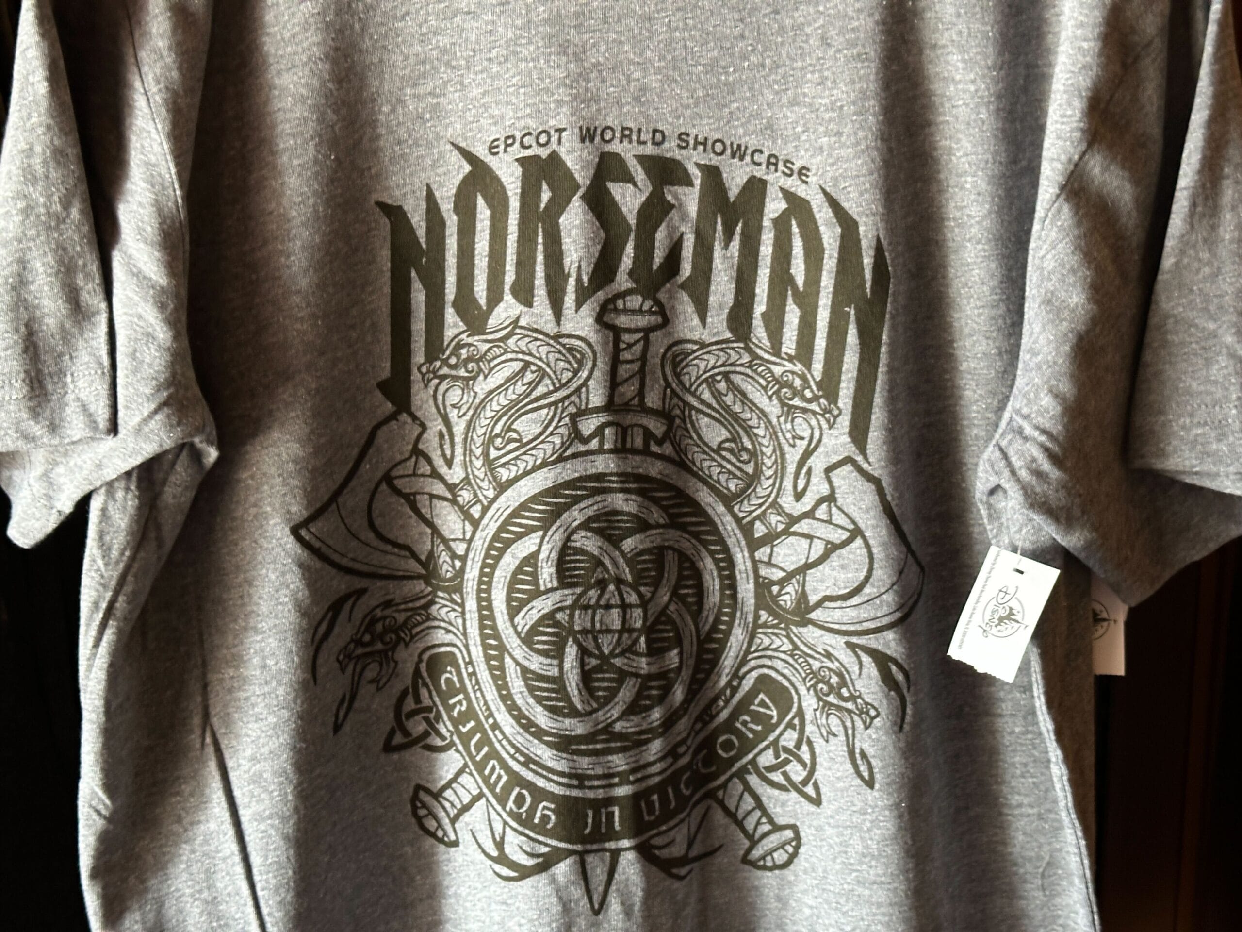 Gray tee with "Norseman" and "EPCOT World Showcase" above a Viking graphic, plus "Triumph in Victory."