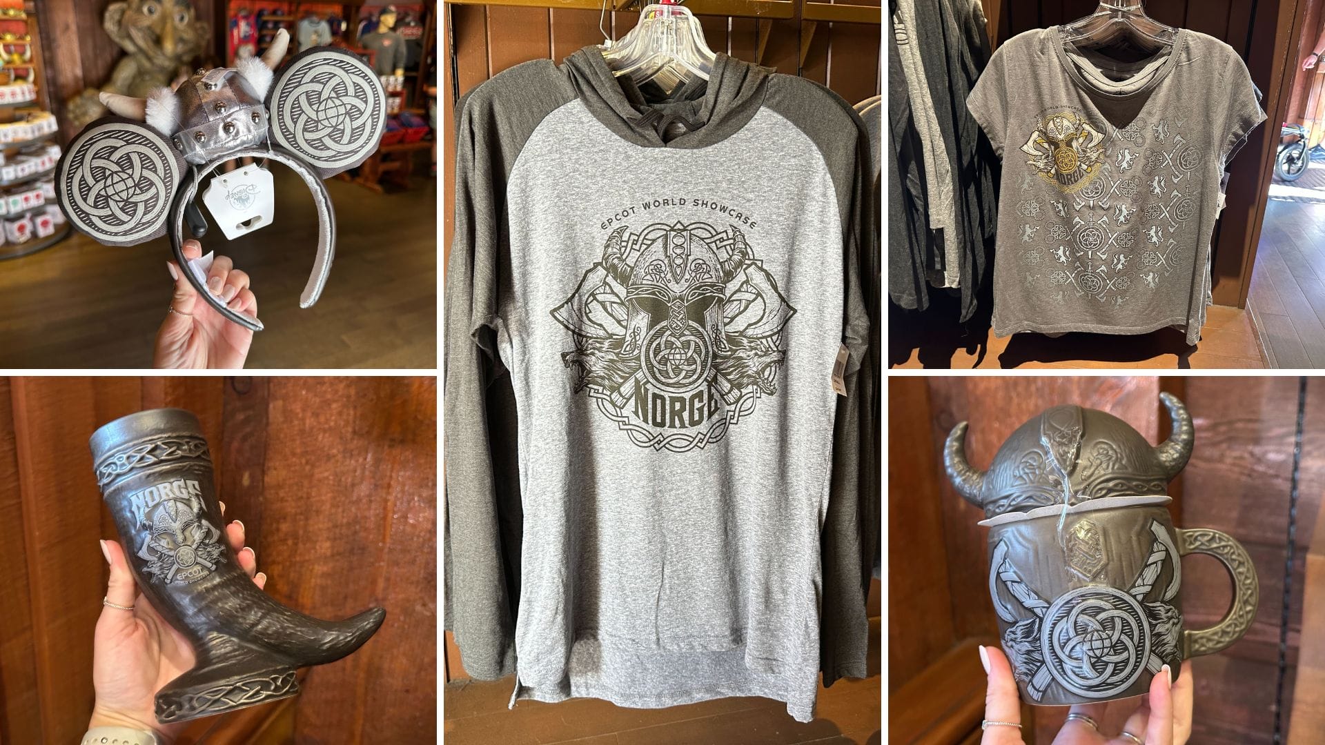 Collage of new Norway pavilion Viking-inspired merch at Epcot: ear headband, drinking horn mug, long sleeved shirt, t-shirt, and horned helmet lid mug.