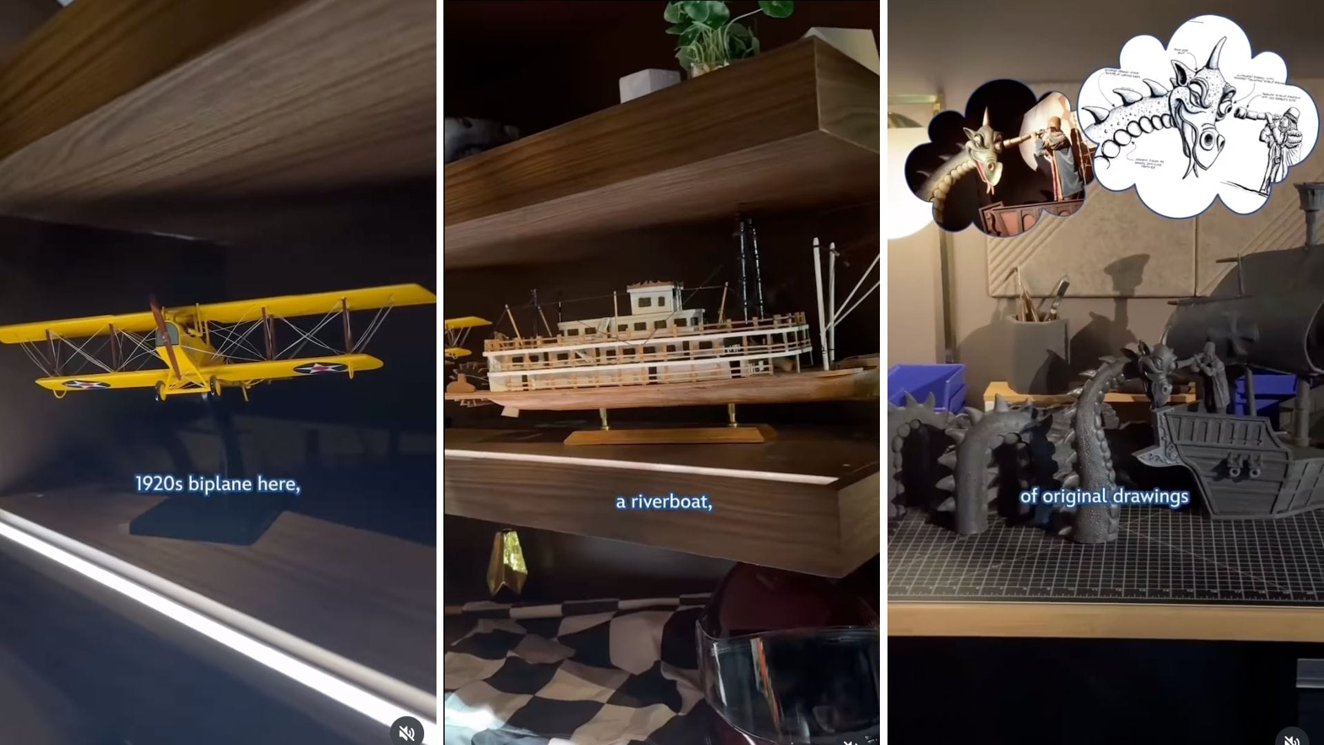 Three shelves display a yellow 1920s biplane model, a wooden riverboat, and Jane Goodall figurines with a drawing above.
