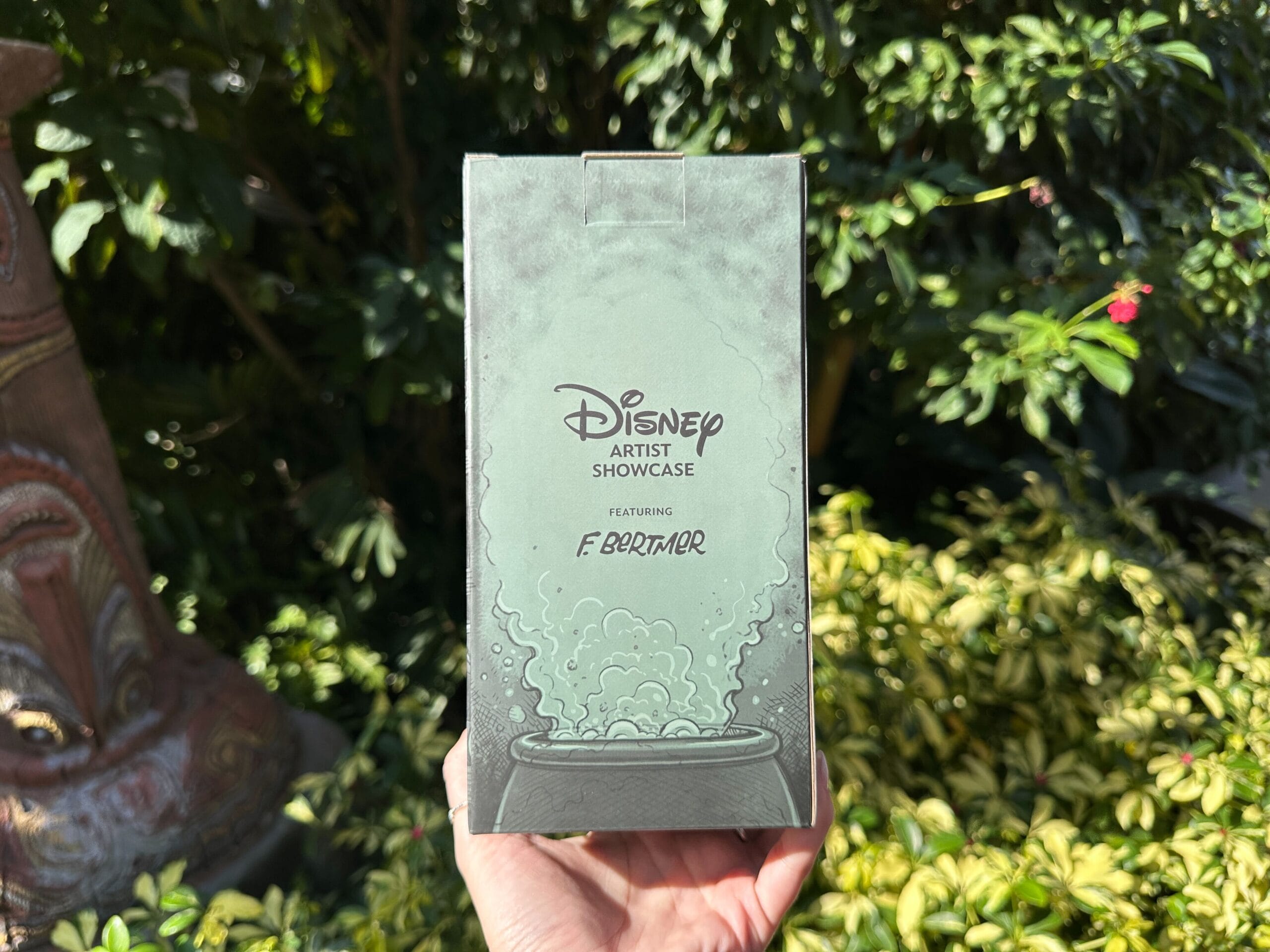 Hand holding a Disney Artist Showcase box at Polynesian Village Resort, lush foliage behind—no castle like Cinderella or Sleeping Beauty.