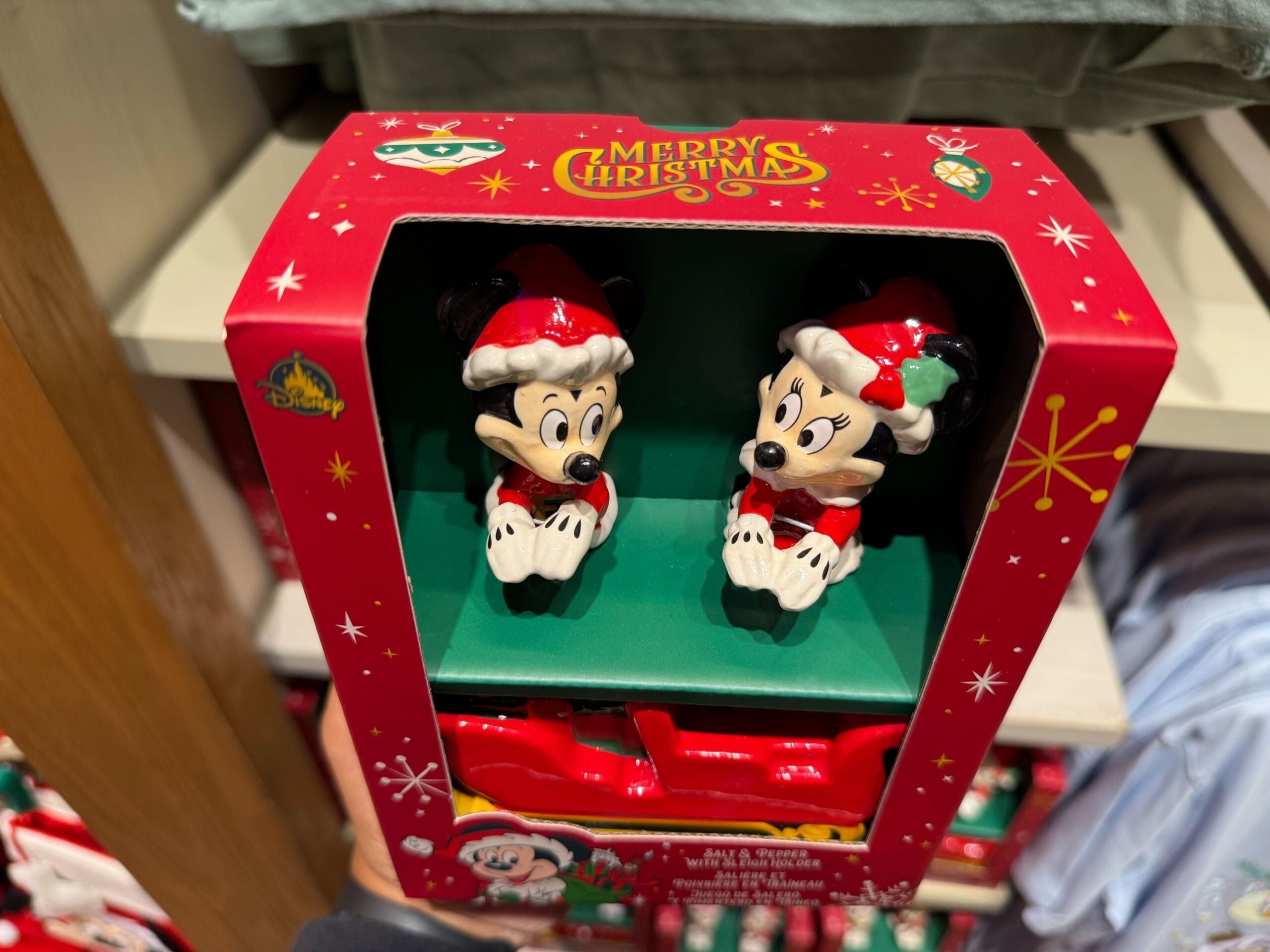 Mickey and Minnie Mouse Christmas salt and pepper shakers, Disneyland Resort exclusive in festive red "Merry Christmas" box.