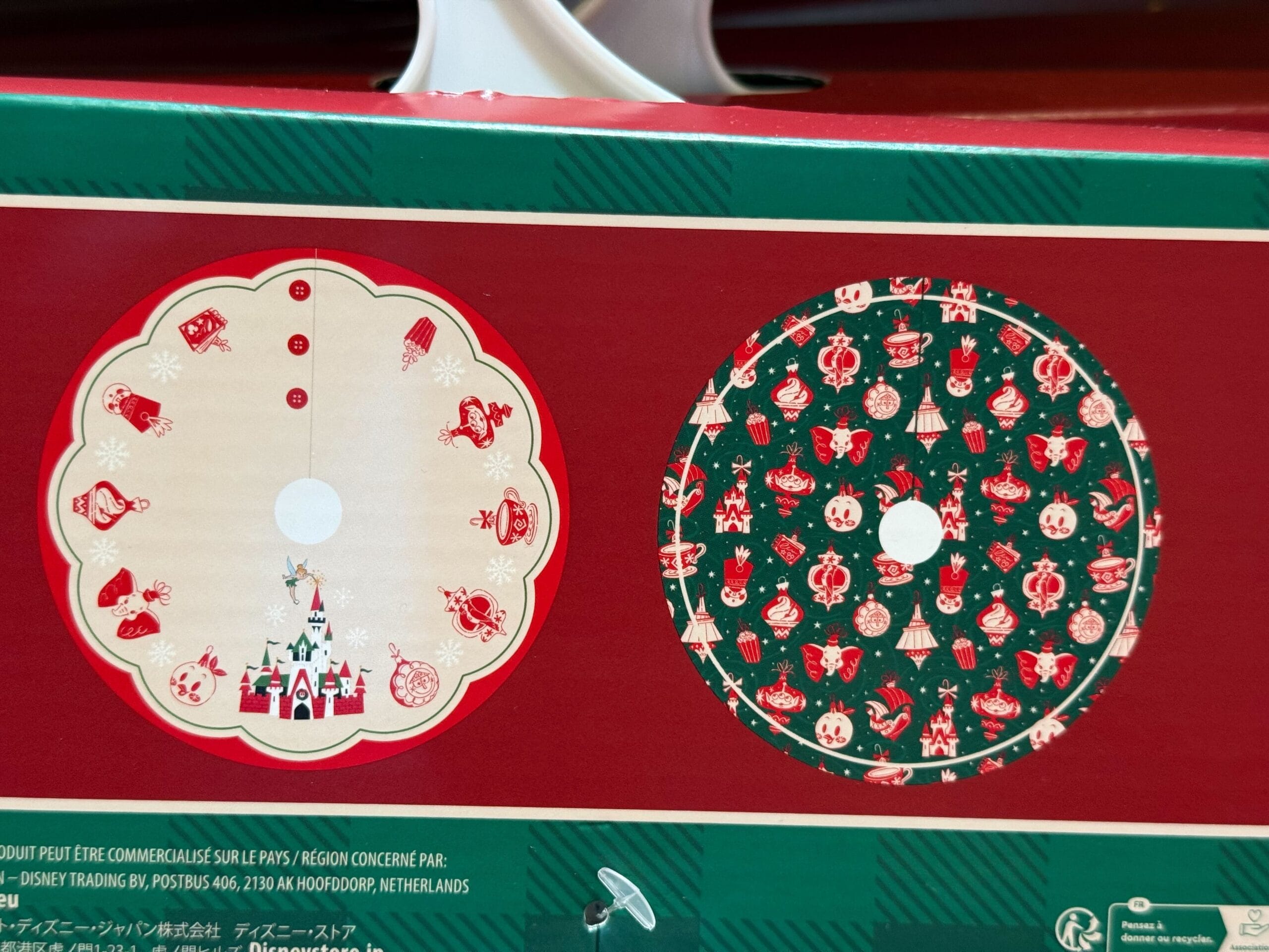 Two circular tree skirts: one featuring Disneyland Resort motifs, the other adorned with Disney holiday merchandise patterns.