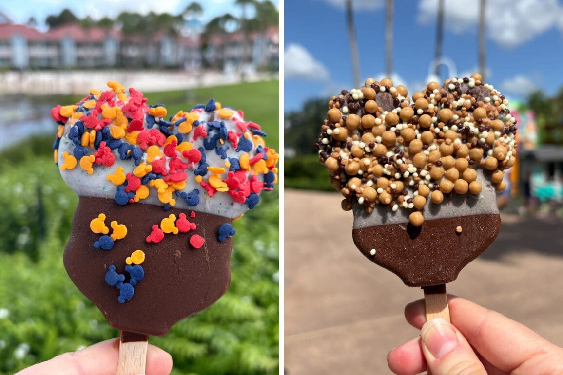 Two Mickey-shaped Premium Ice Cream Bars hand-dipped and topped with sprinkles.