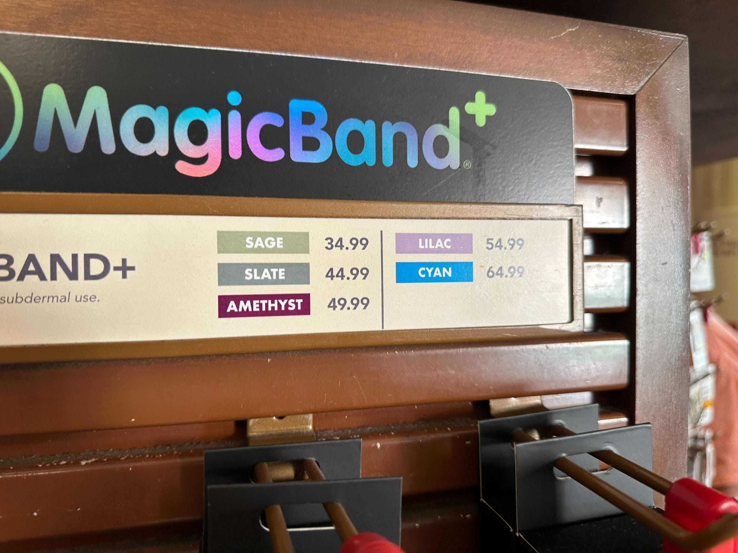 At Walt Disney World, a MagicBand+ sign displays Sage, Slate, Amethyst, Lilac, Cyan bands for $34.99–$64.99.