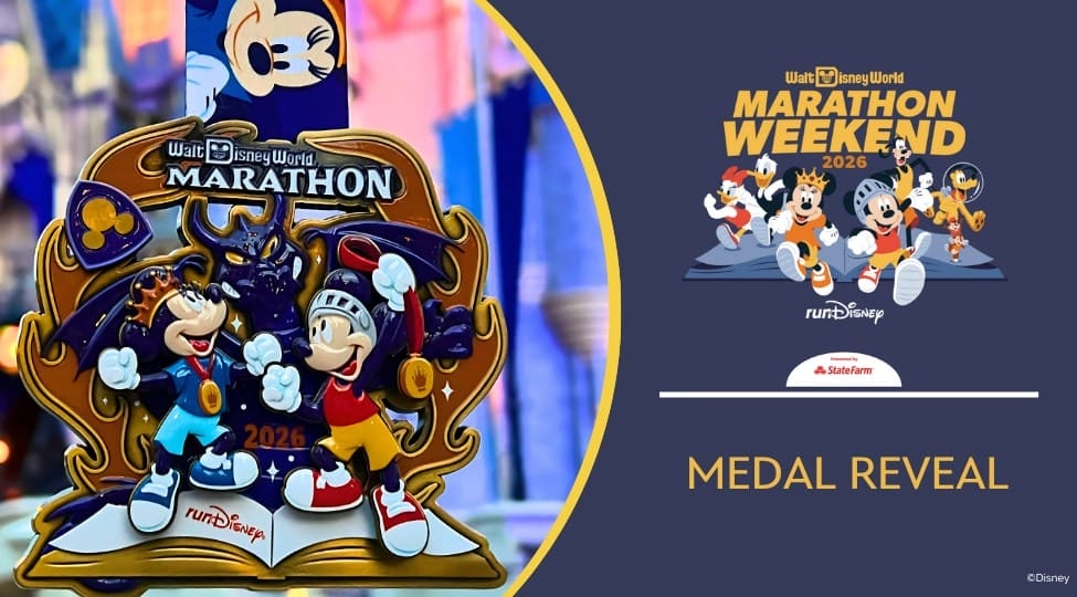 Disney marathon medal featuring Mickey and Goofy, plus 2026 Marathon Weekend logo with Disney characters running.