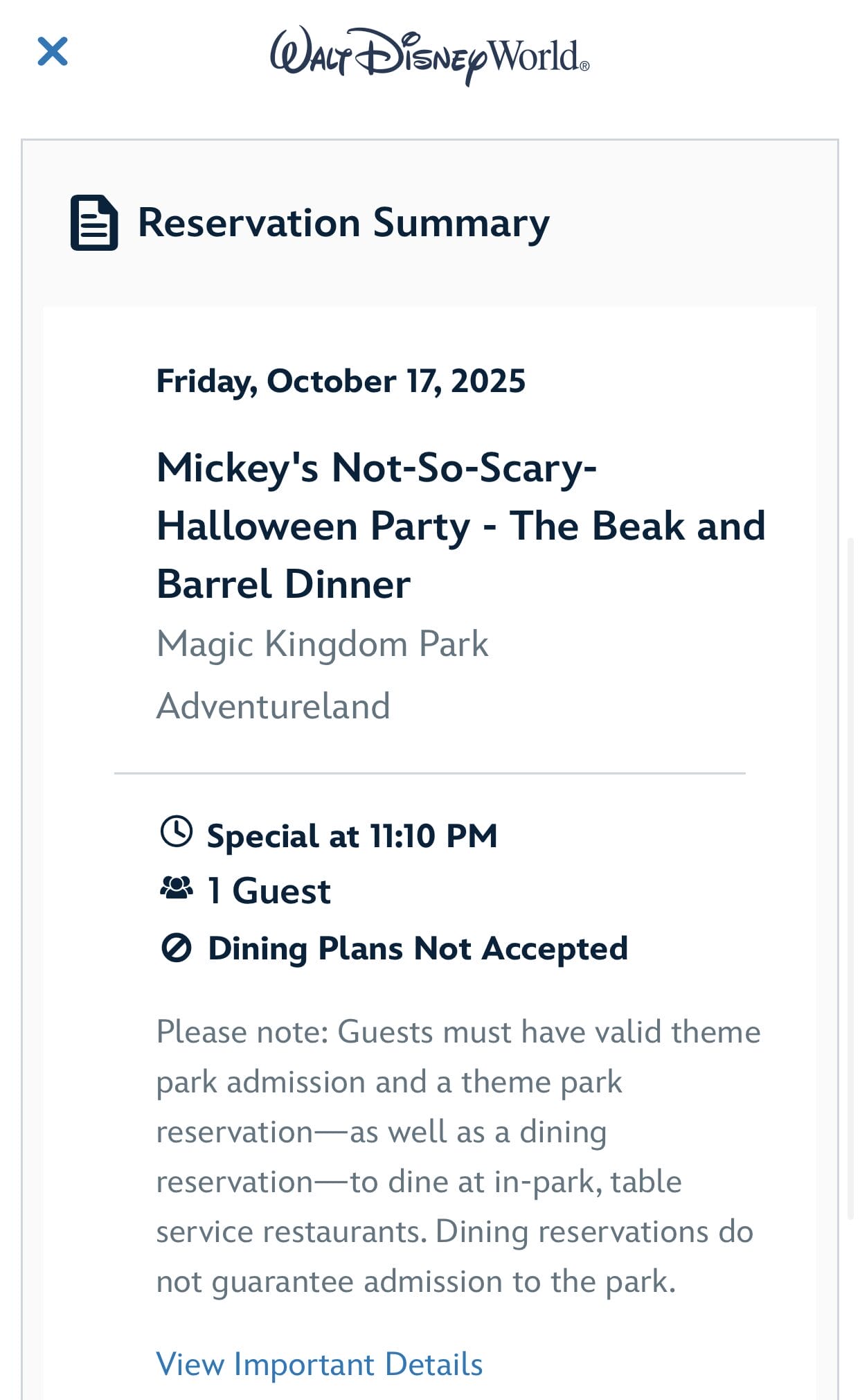 Disney reservation summary for Mickey’s Not-So-Scary Halloween Party dinner at Magic Kingdom on October 17, 2025, for 1 guest.