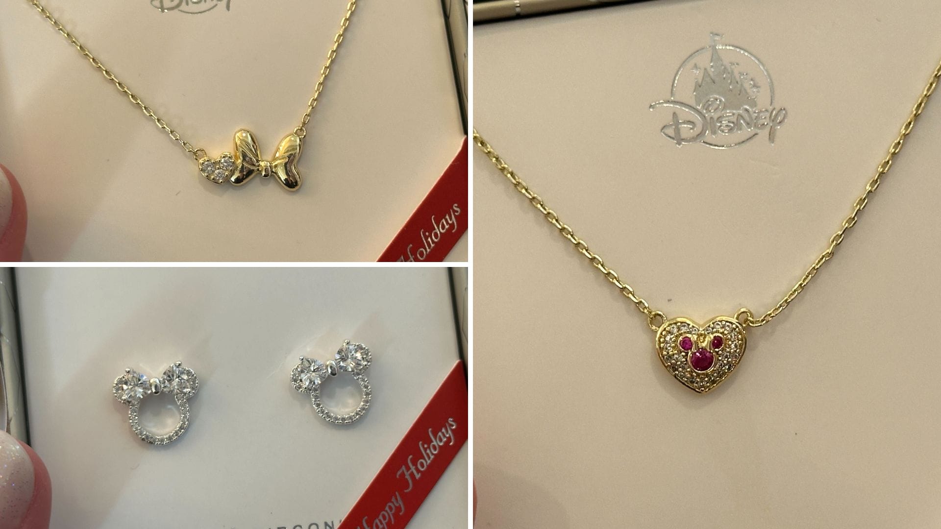 Three Disney-inspired pieces: gold bow necklace, silver Mickey Mouse earrings, and Minnie jewelry with pink gems—true park style.