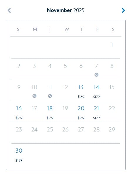 November 2025 calendar at a Disney park, showing airfare prices and sold-out dates for Mickey’s Very Merry Christmas Party tickets.