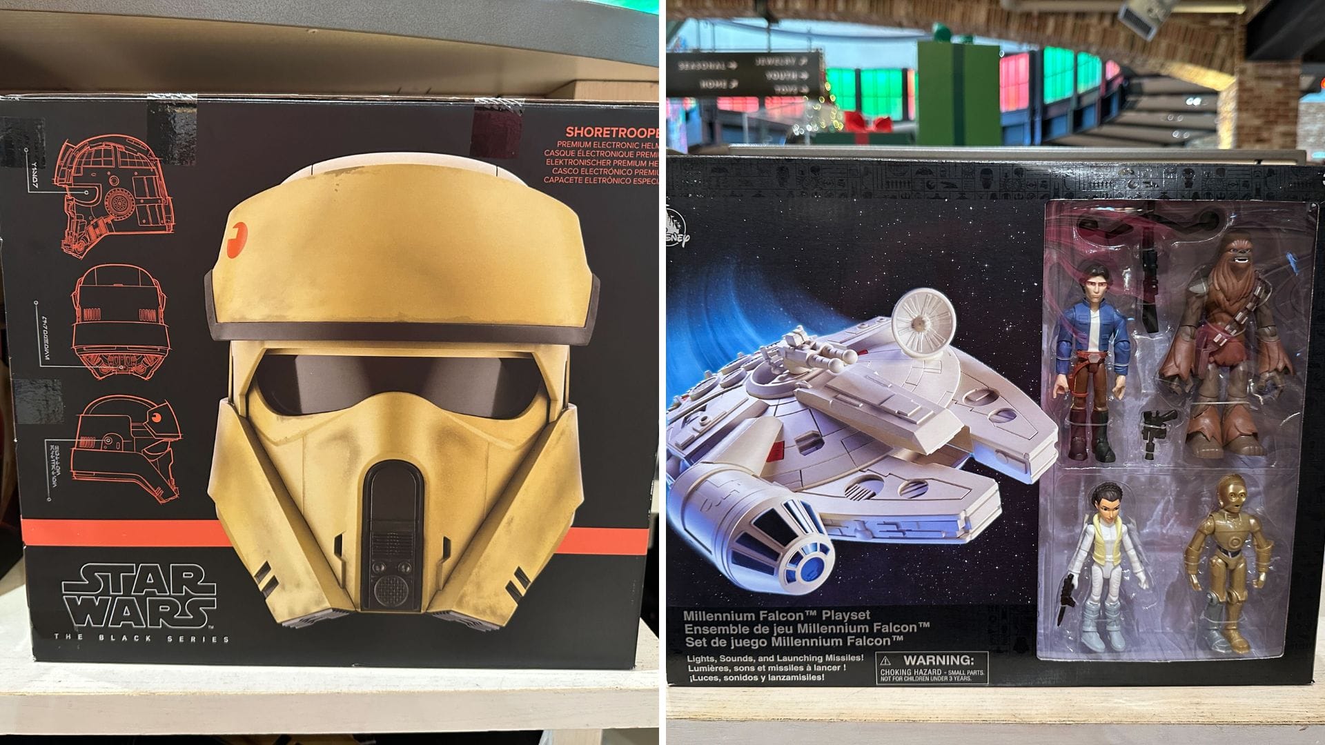A Shoretrooper Helmet box and Millennium Falcon Playset with figures, inspired by Star Wars attractions at Disney Parks, on shelf.