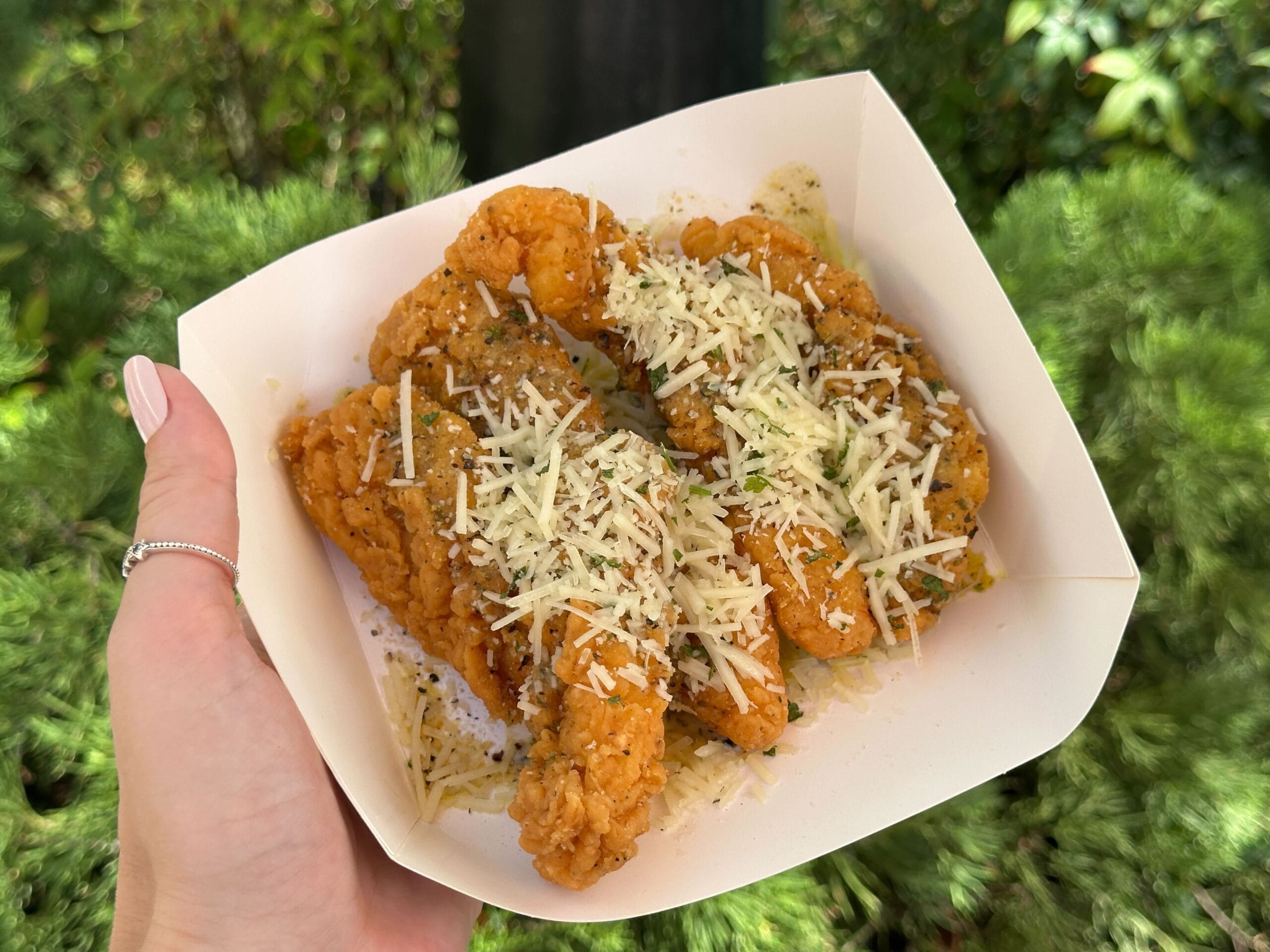A hand holds a tray of saucy chicken strips with cheese and herbs outside at Disney World, with Cinderella Castle nearby in the background.