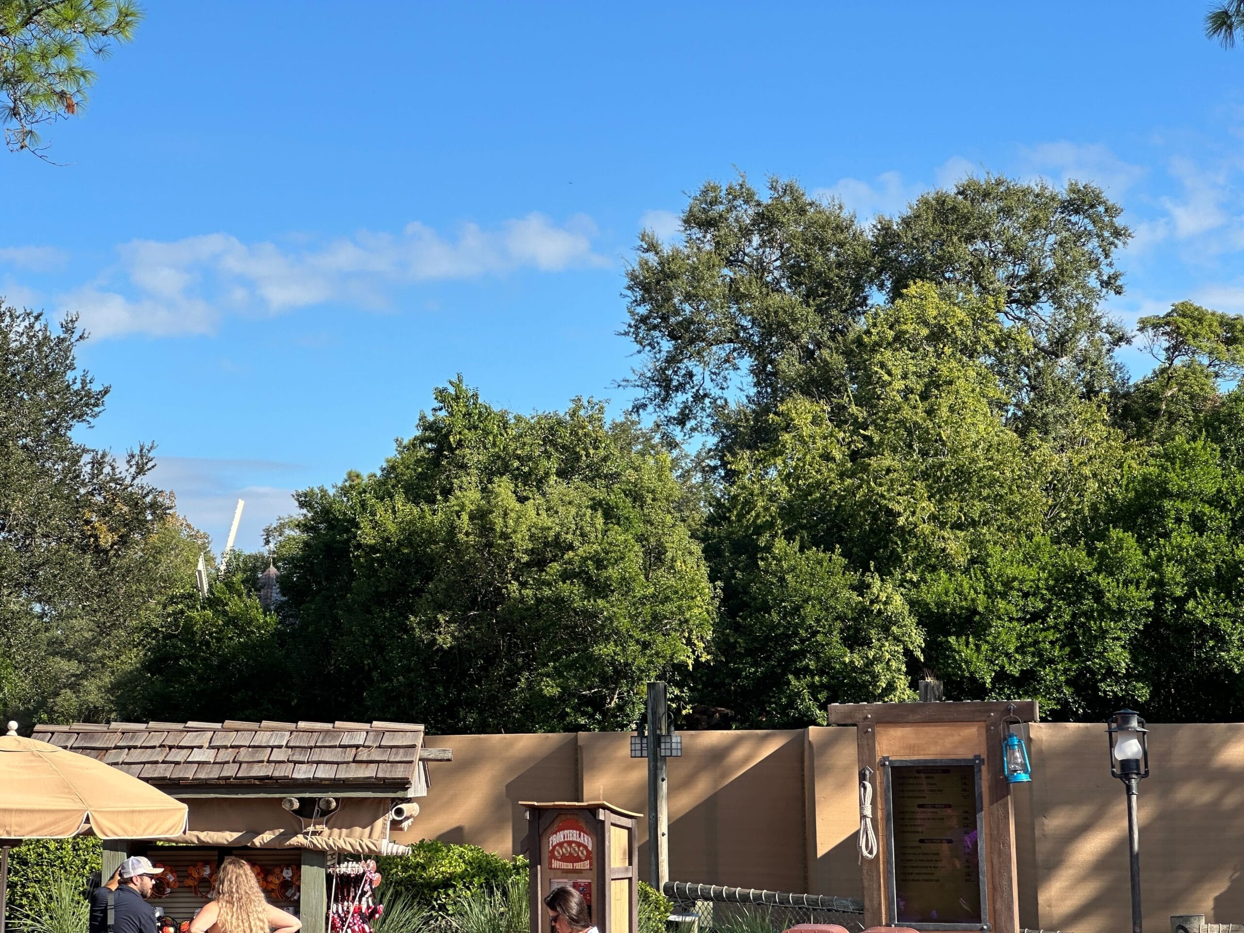 Trees and blue sky rise above a tan construction wall with guests and umbrellas in front, reminiscent of scenes from Disney Parks.
