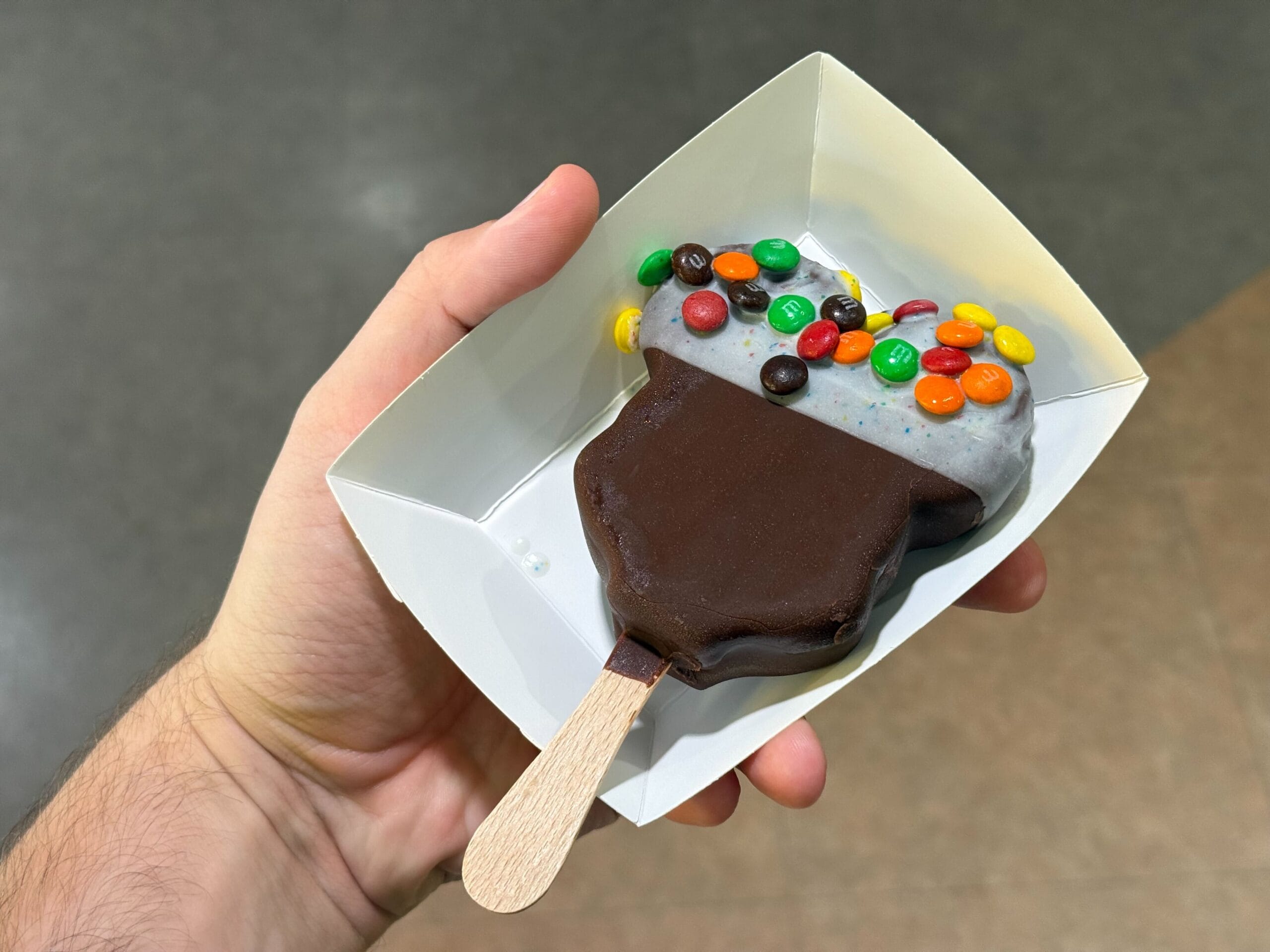 A hand holds a chocolate-dipped ice cream bar covered in bright candy at a Disney park, perfect for enjoying near the castle.