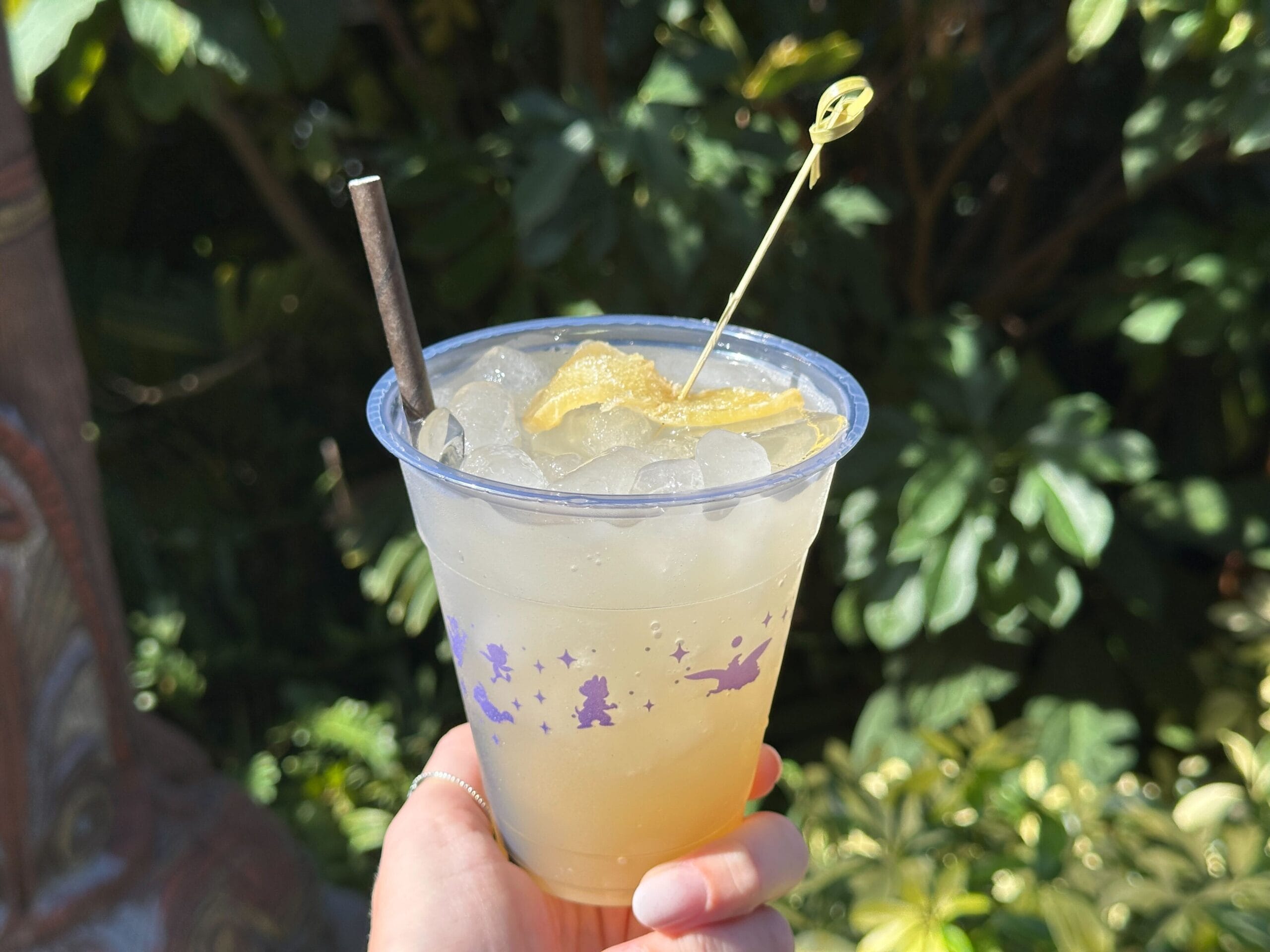 A hand holds iced lemonade with a straw at Disney’s Polynesian Village Resort, lush greenery behind—no castle like those in Disney Parks.