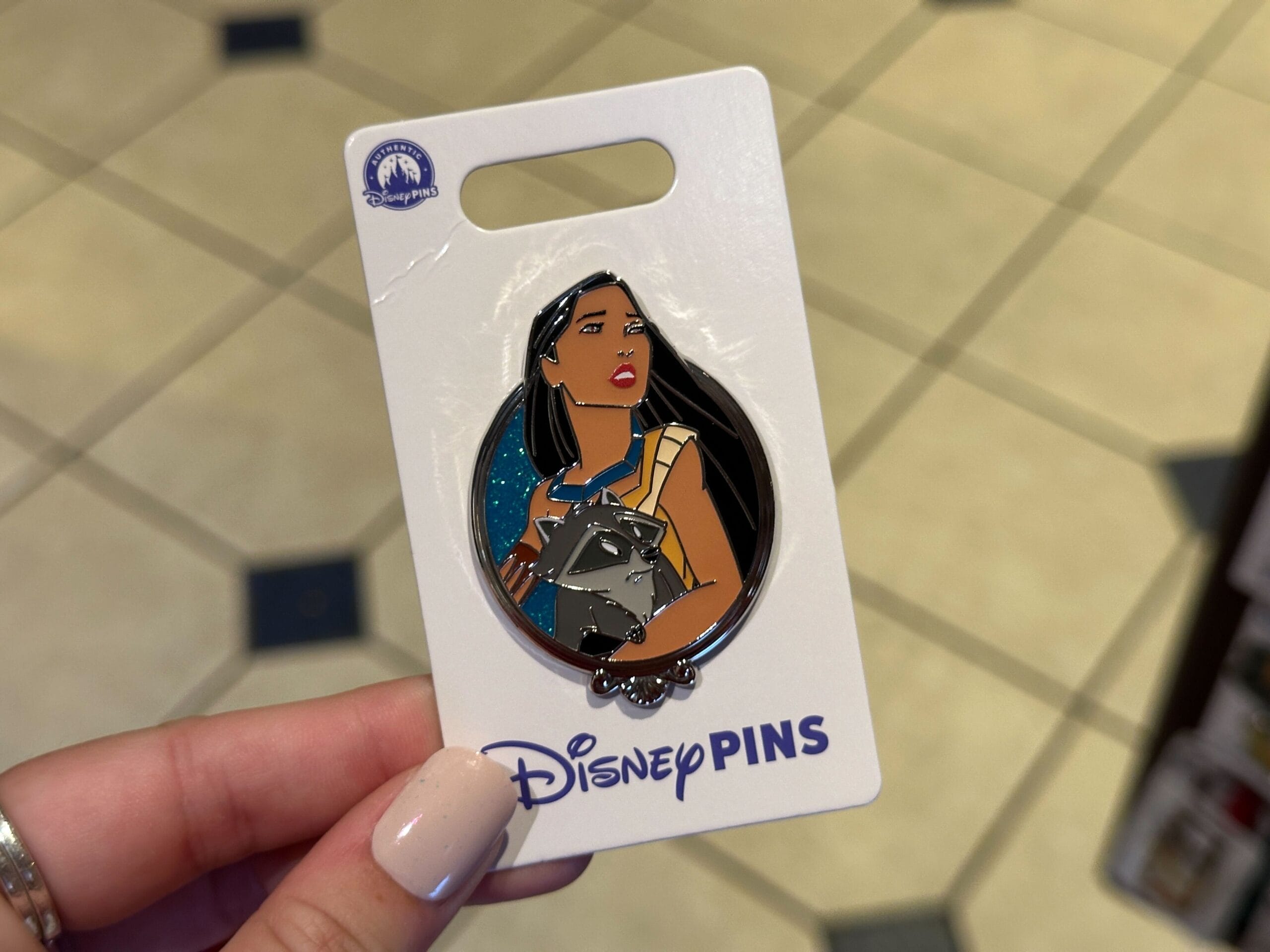 A hand displays a Disney Princess Sidekicks Pin with Pocahontas and Meeko, shown on a white card, likely from a Disney park.