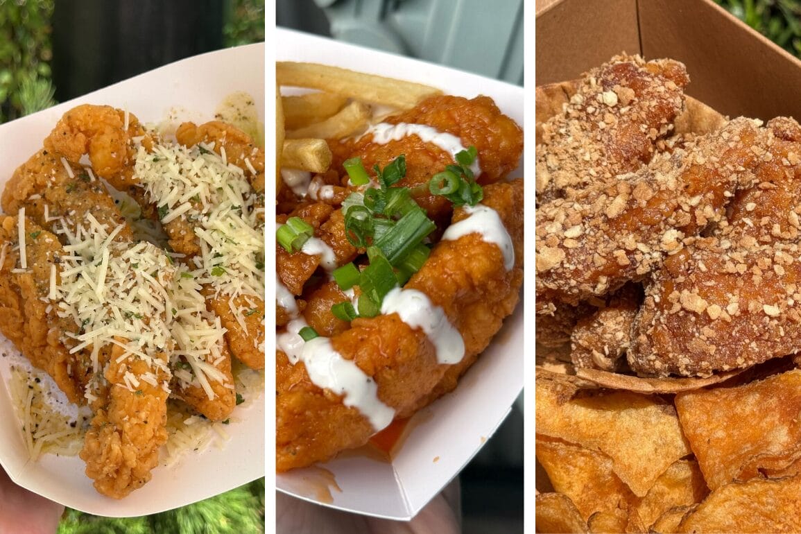 A trio of sauced chicken strips from Walt Disney World: lemon pepper-parmesan, buffalo ranch, and waffle cone.