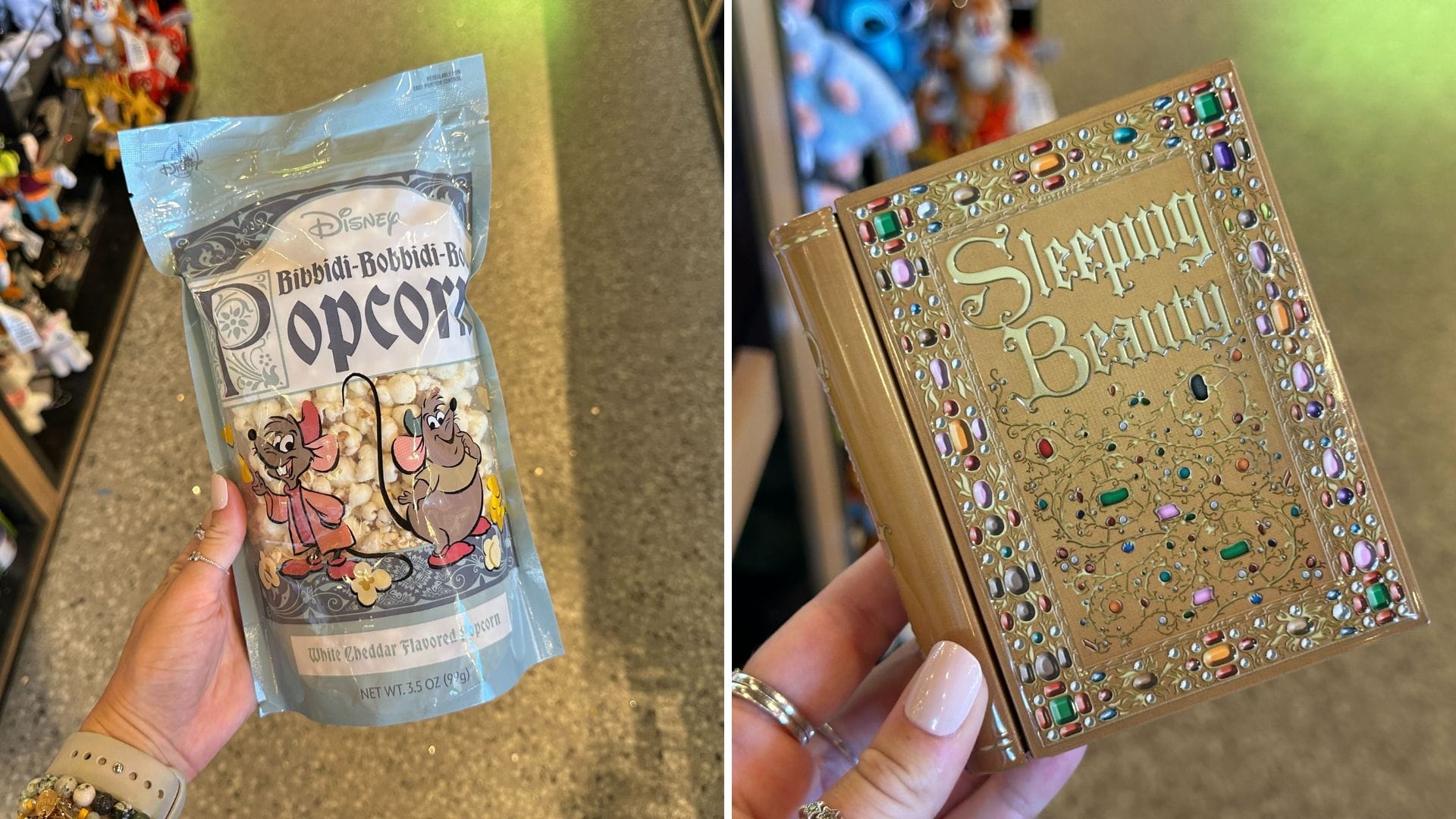Left: Disney popcorn bag held in hand; right: Hand holding jeweled Sleeping Beauty book box, reminiscent of castle magic at Disney parks.
