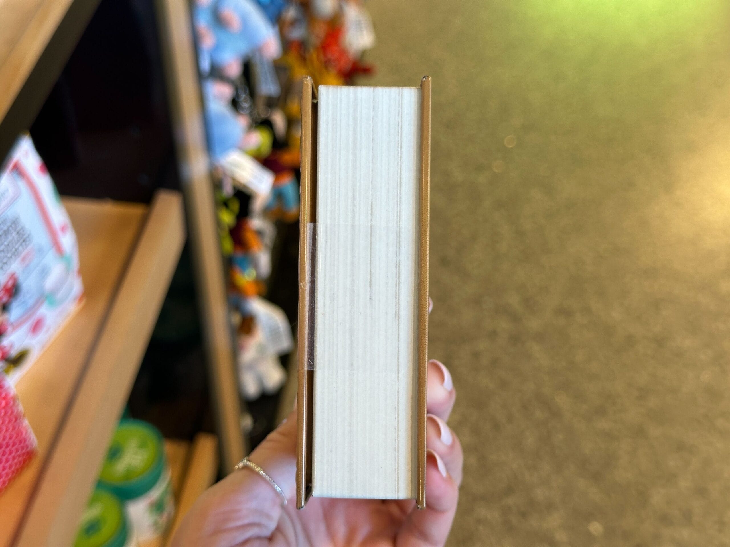 A hand holds a closed book upright, its page edges visible, in a shop with shelves like those found at Disneyland souvenir stores.