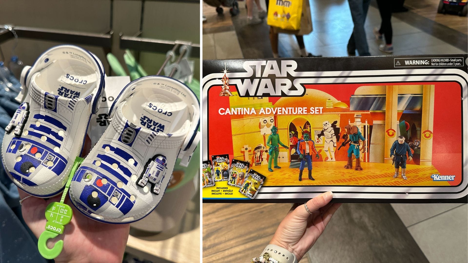 R2-D2 baby shoes beside a hand holding a Star Wars Cantina Adventure Set, capturing Disney’s Star Wars park merchandise magic.