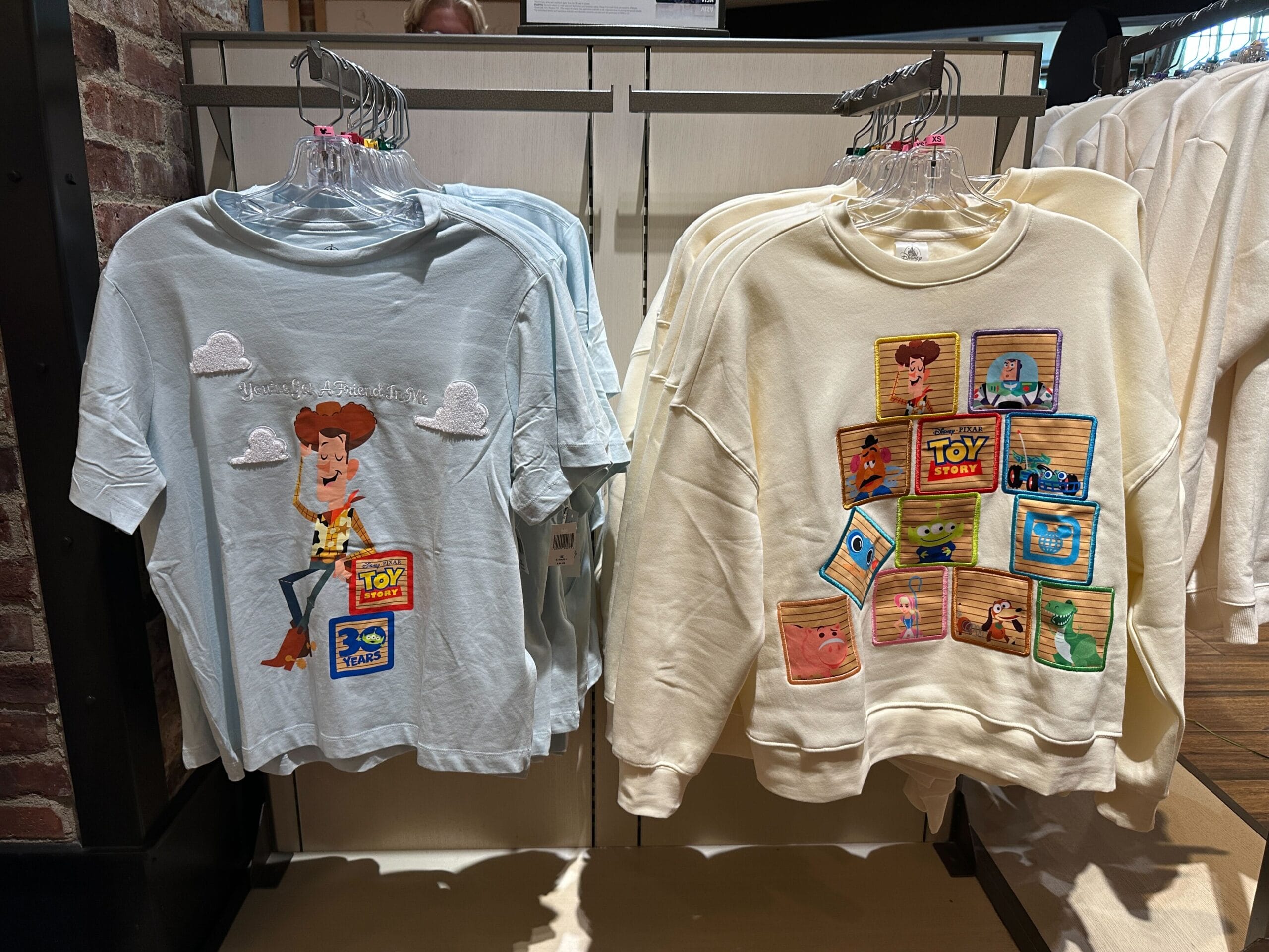Two Toy Story shirts on hangers, like Disney Parks merch: one with Woody and blocks, one with squares of iconic Toy Story pals.