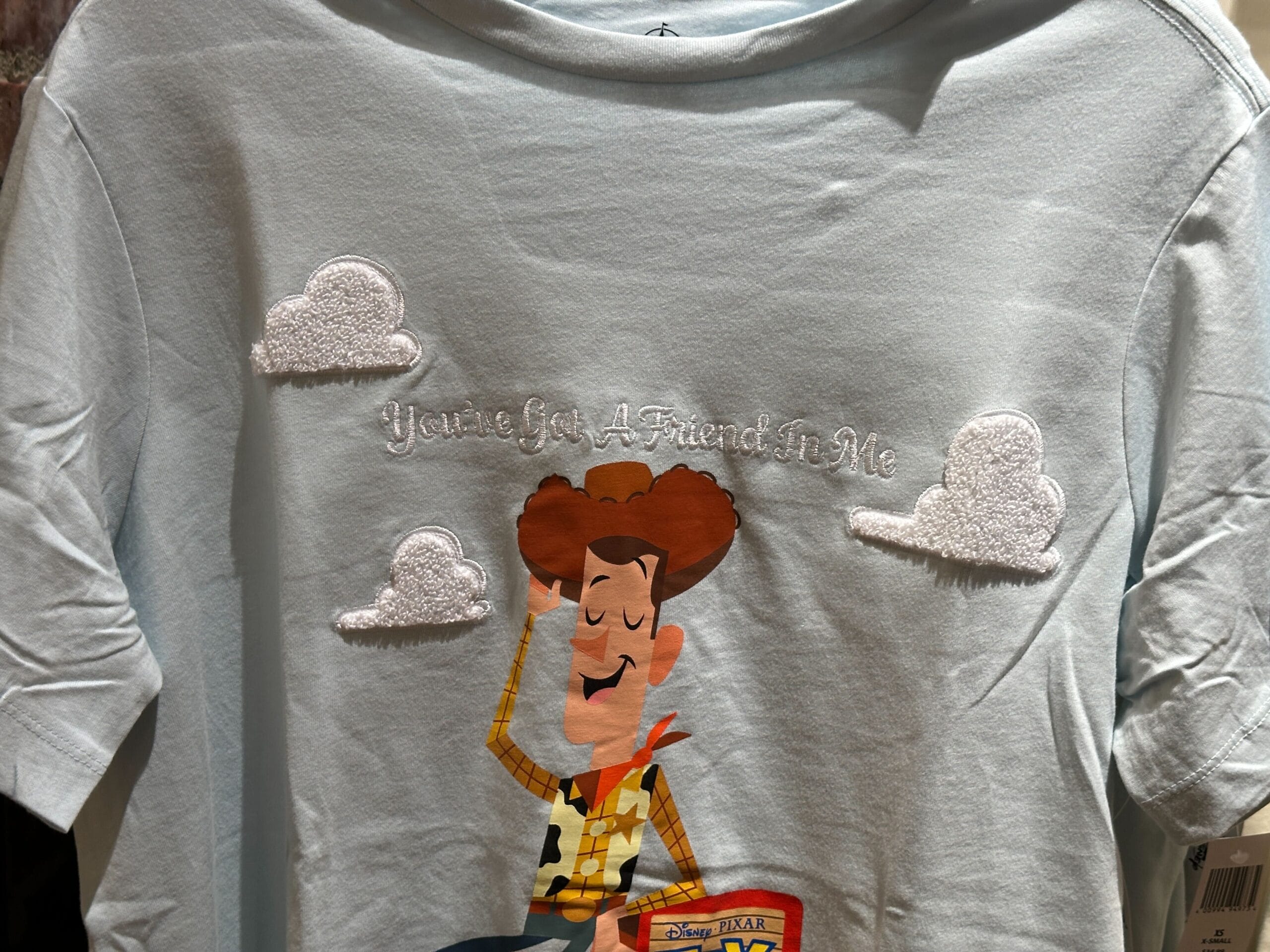 Light blue Disney Parks T-shirt featuring Woody from Toy Story, white clouds, and "You've Got A Friend in Me" embroidered on front.