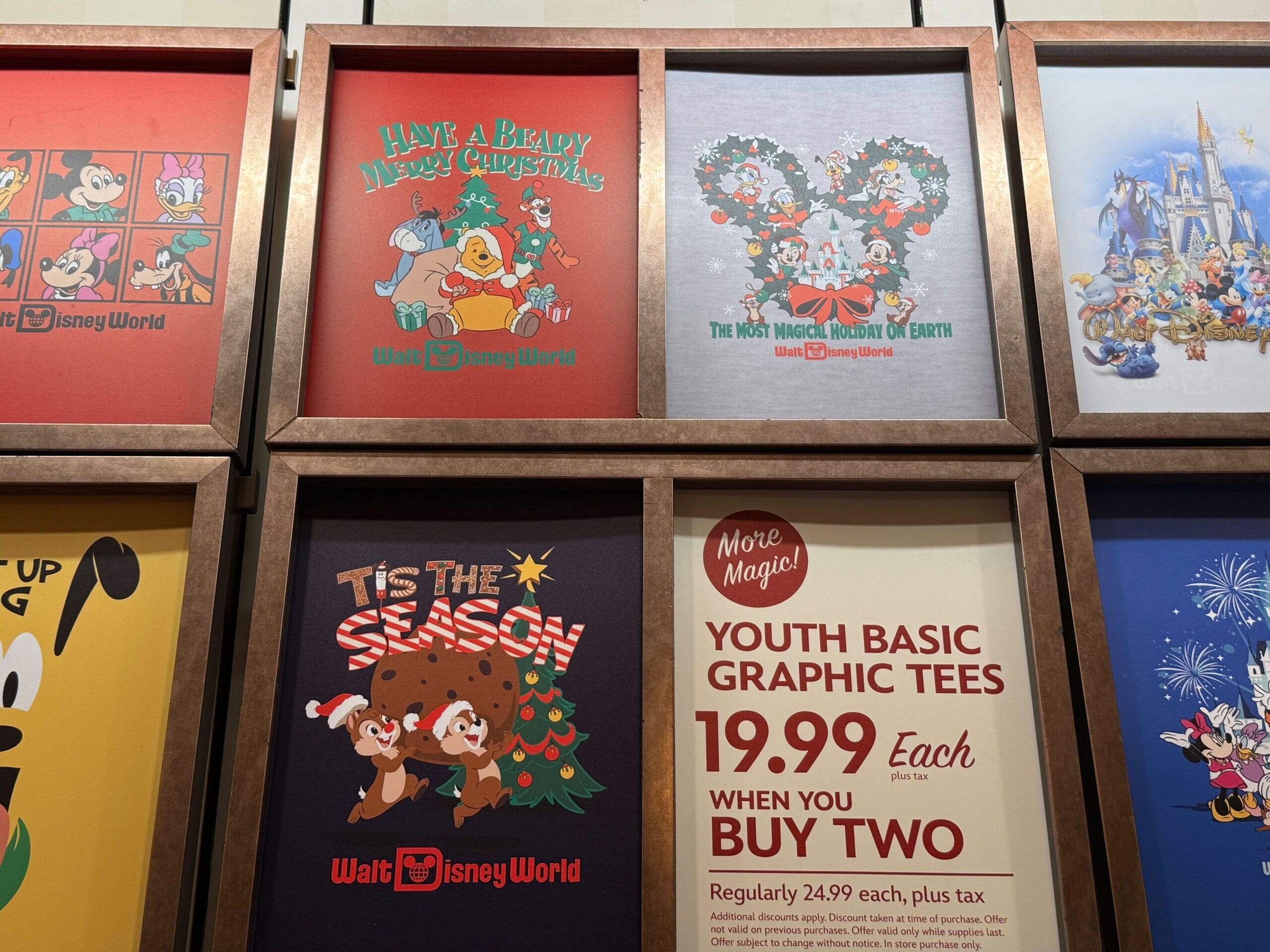 Six Walt Disney World holiday adult t-shirts are displayed, with youth tees offered at $19.99 each after price increase.