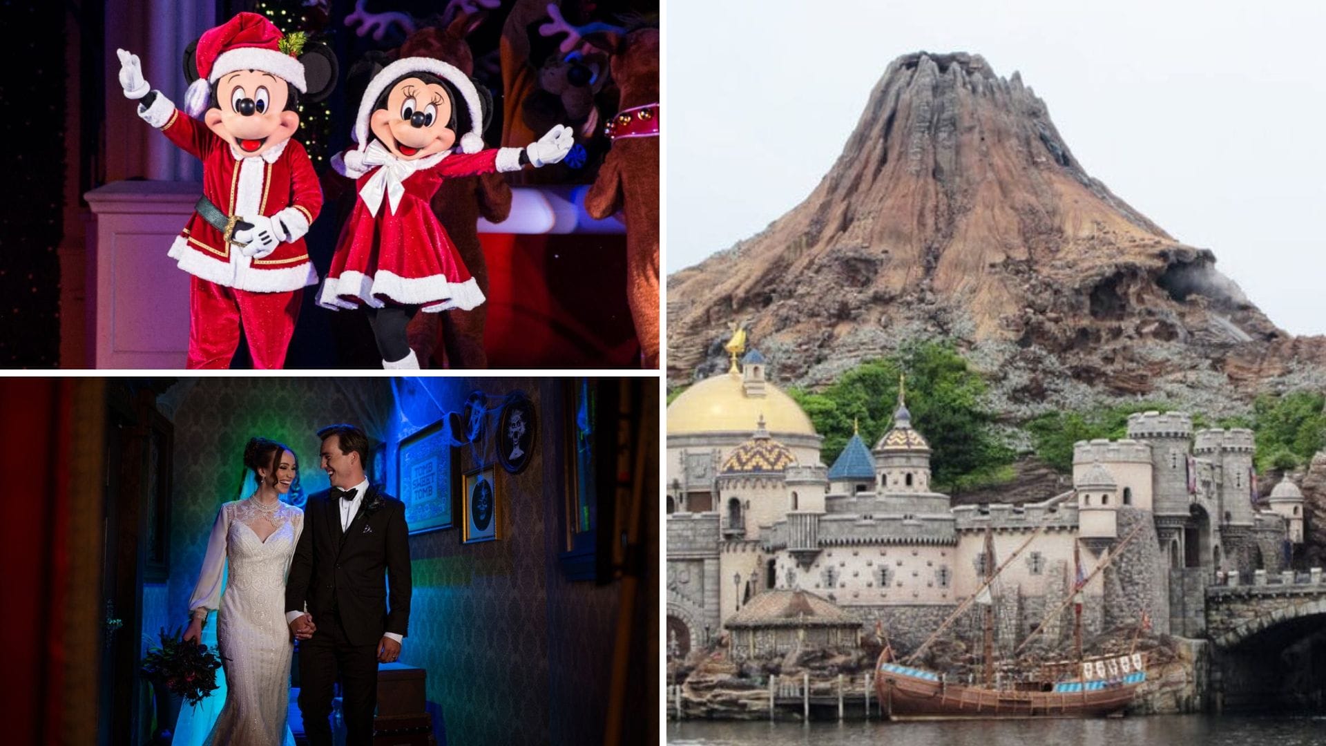 A daily Disney parks recap collage with Mickey and Minnie in festive attire, a wedding couple, and a castle resembling Disneyland Paris.