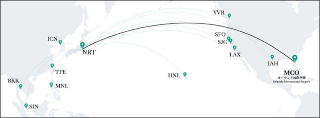 Flight routes map shows Orlando to Tokyo nonstop service, connecting Disney parks; compares castle icons to global Disney castles.