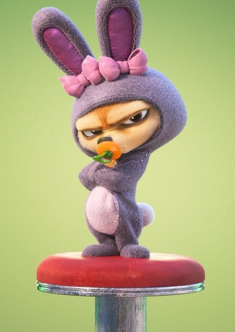 A grumpy animal in a purple bunny costume with pink bows stands on a platform at Shanghai Disneyland.