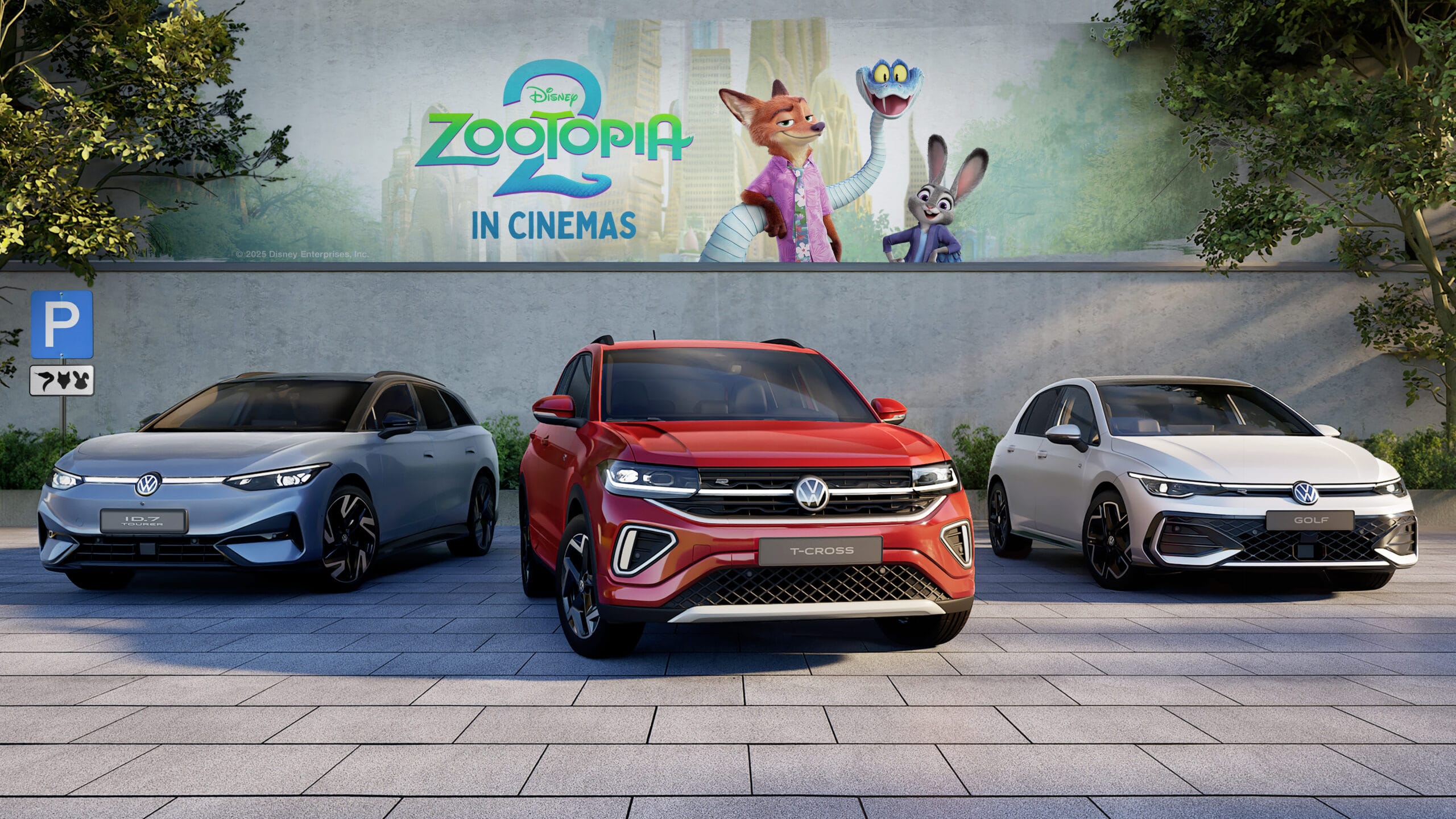 Three Volkswagen cars parked beneath a "Zootopia 2 In Cinemas" Disney billboard with animated characters, no castle visible.