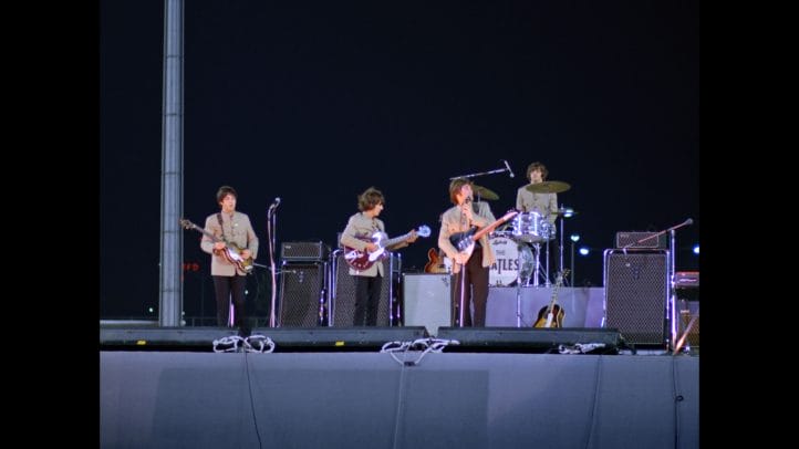 The Beatles at Shea Stadium in Flushing Meadow New York 15th August 1965. They performed to a massive audience of 55,600 a record for any concert at the time.